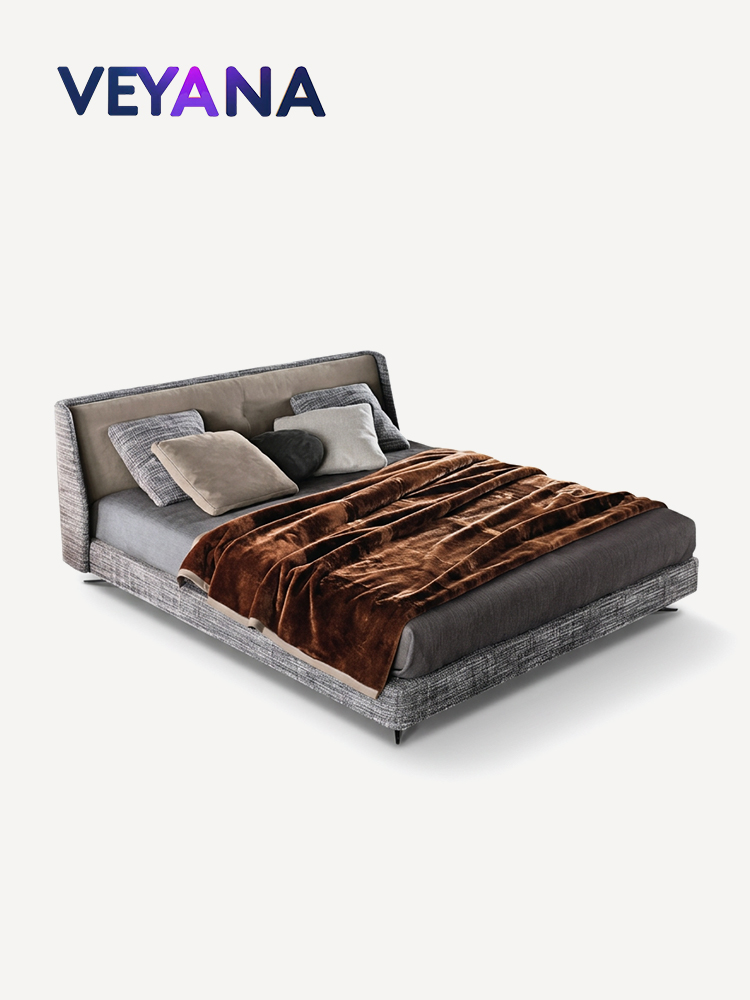 Italian minimalist double bed, wrap around headboard, modern high-end, bedroom fabric bed, hotel, apartment