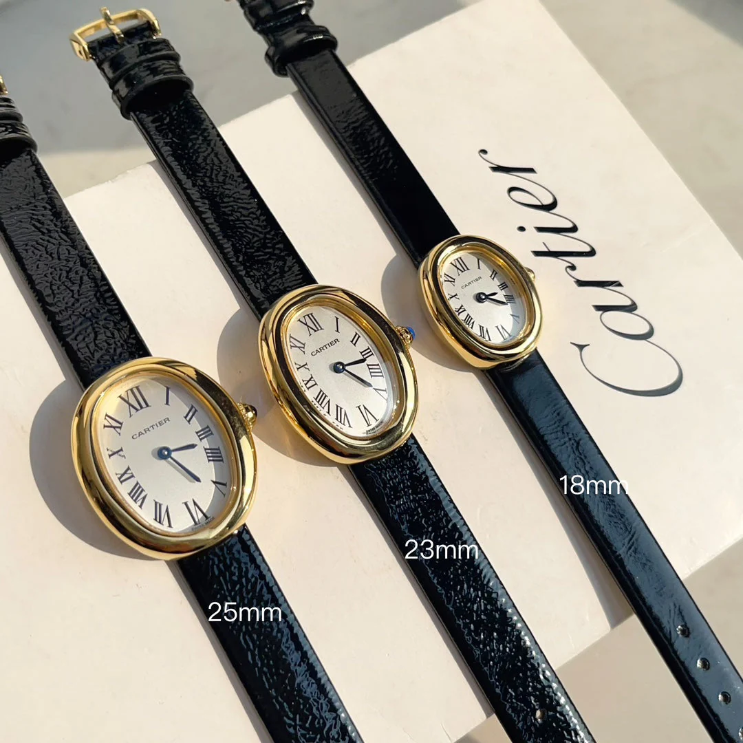 Cartier Watch Baignoire Gold Case Black Leather Strap