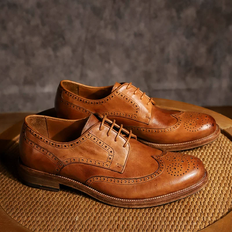 Handmade Brock carved washed dress leather shoes