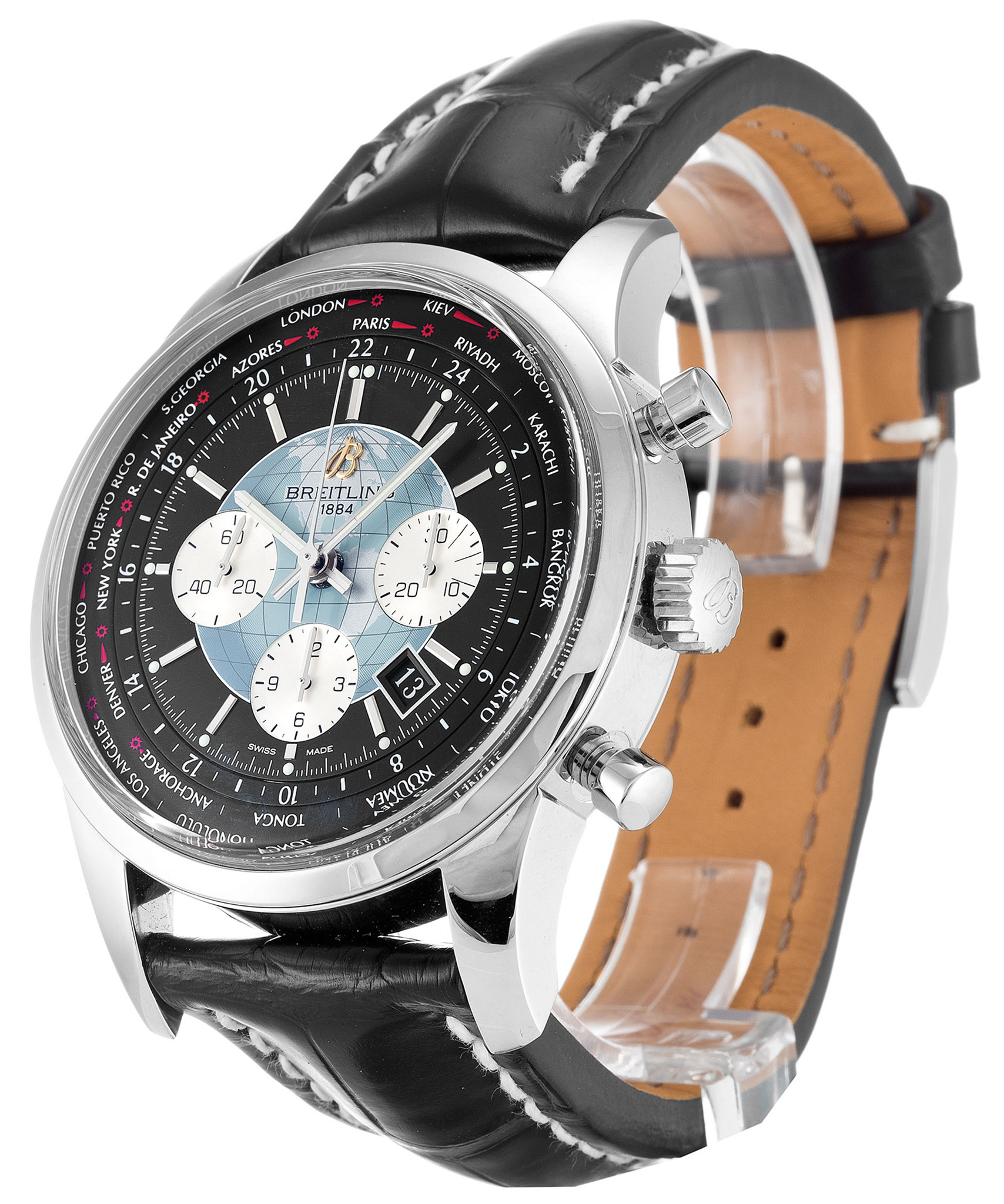 Replica Breitling Transocean Chronograph Black Dial Leather Strap AB0510