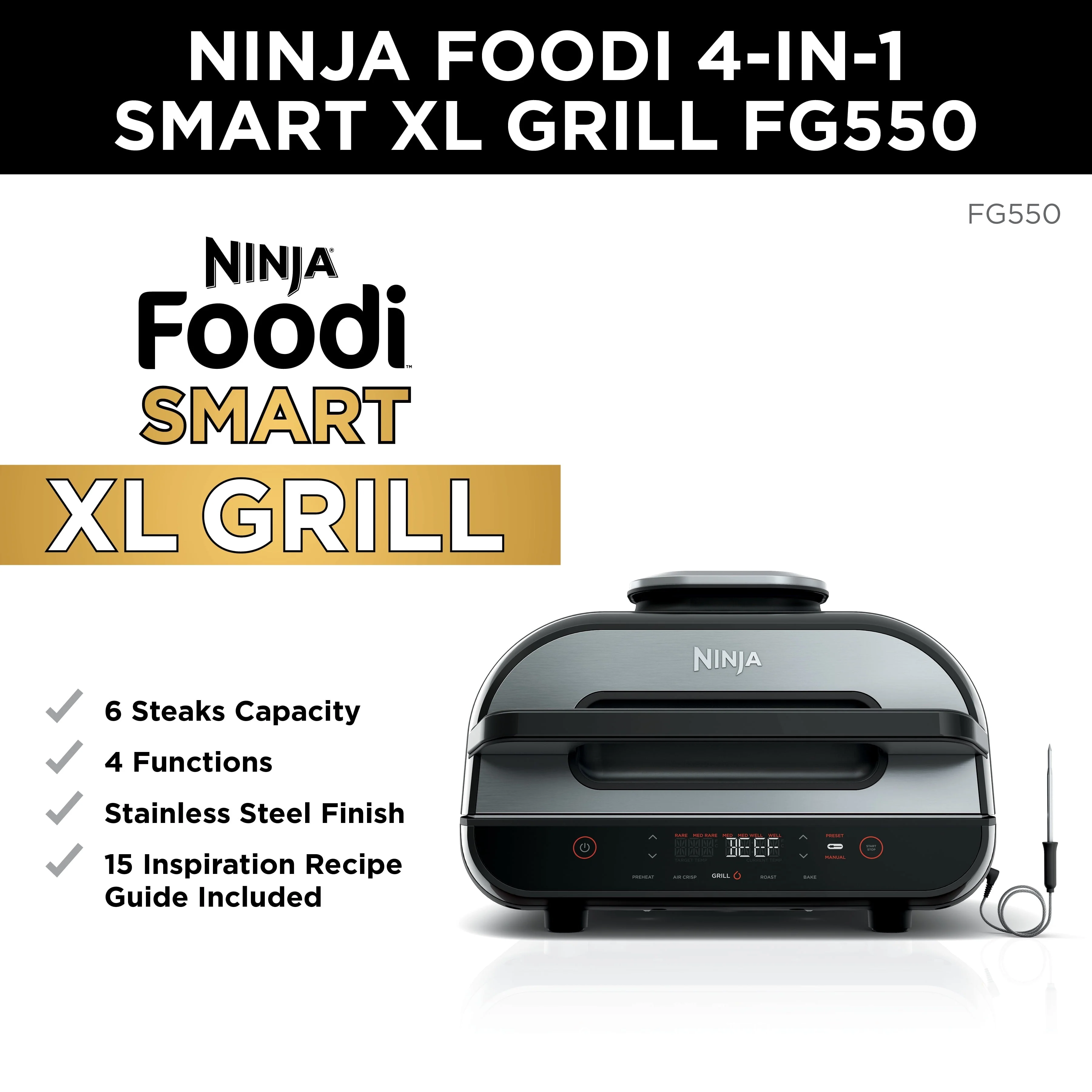 Foodi Smart XL 4-in-1 Indoor Grill with 4-Quart Air Fryer, Roast, Bake, and Smart Cook System, FG550