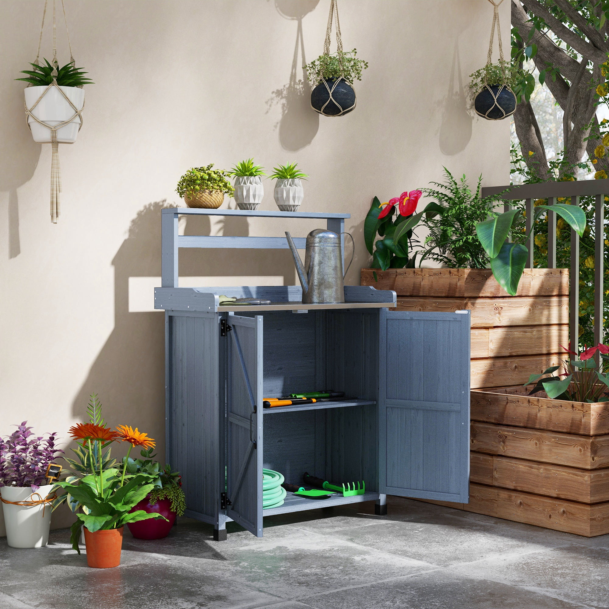 Homiyad Potting Bench Outdoor Wooden with Storage Cabinet Shelf Galvanized Tabletop Gray for Backyard| Aosom.com