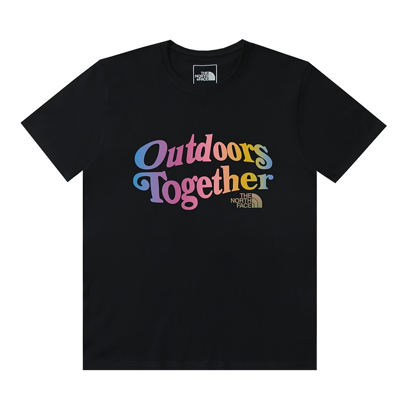 Black gradient letters with colorful accents, simple printed short-sleeved T-shirt