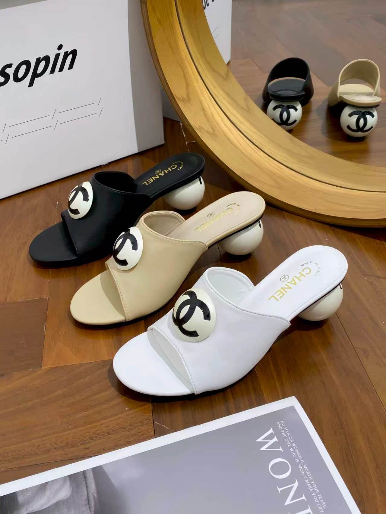 Chanel CC Logo Pearl-Heel Mule Sandals