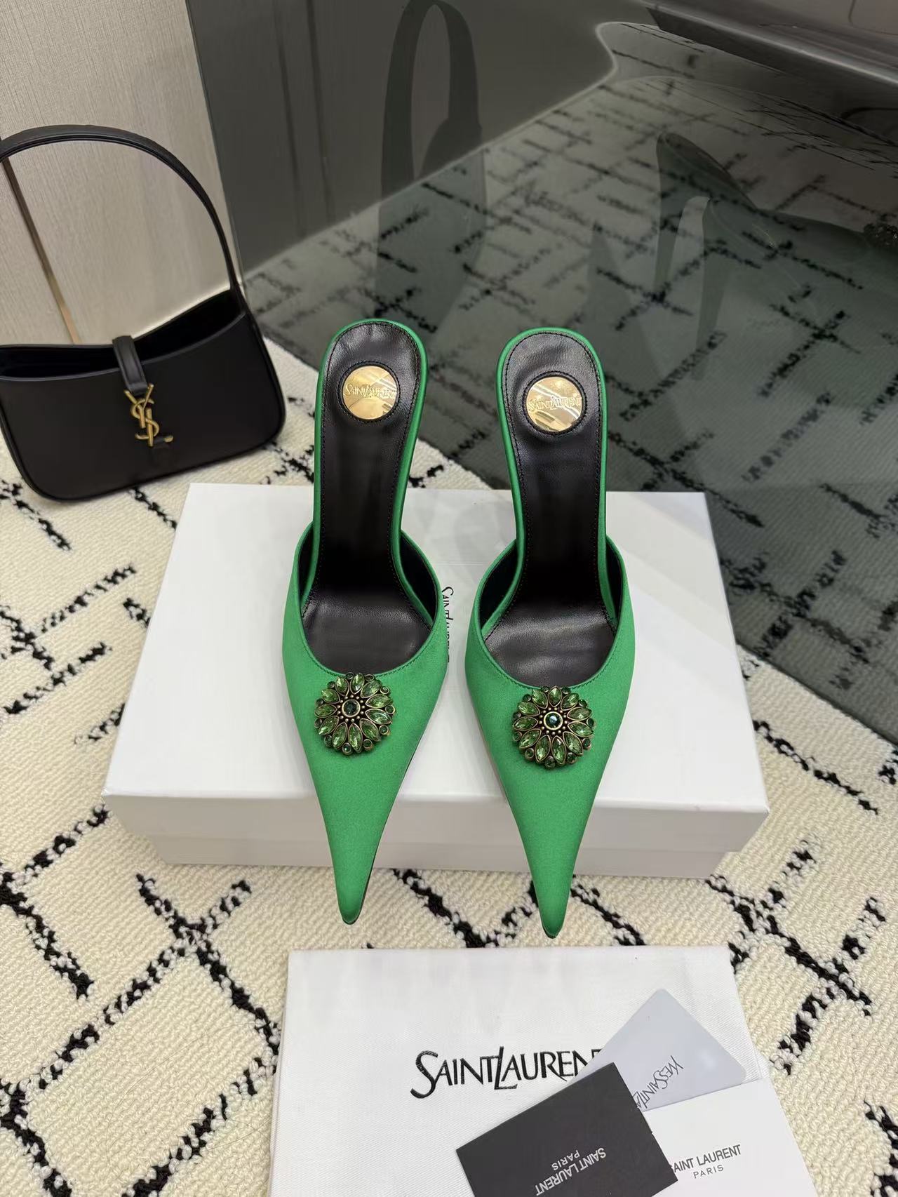 YSL Emerald Green Pointed Toe Satin Crystal Brooch Stiletto Heel Mules Sandals