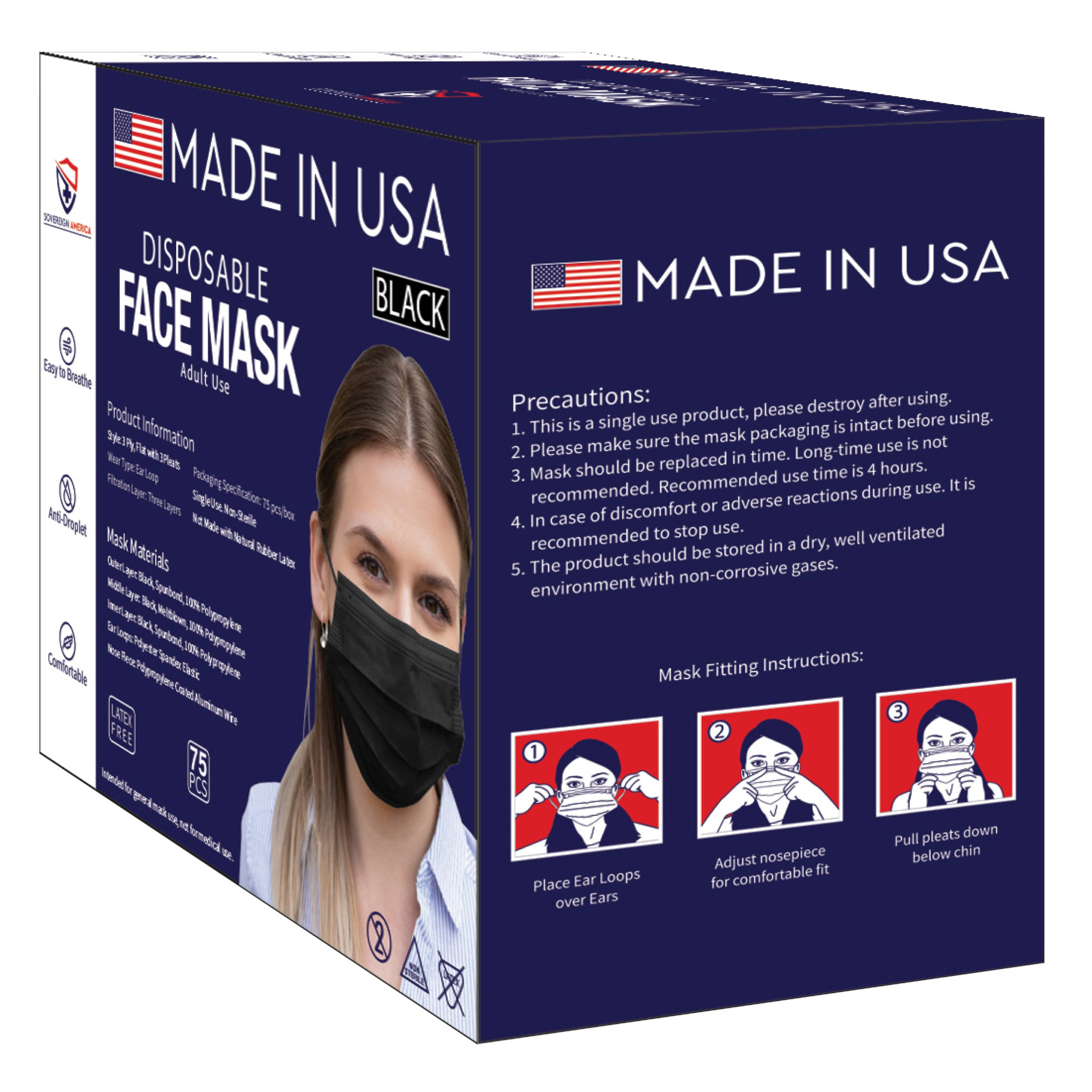 Sovereign America Disposable Face Mask, 75-Count, Black