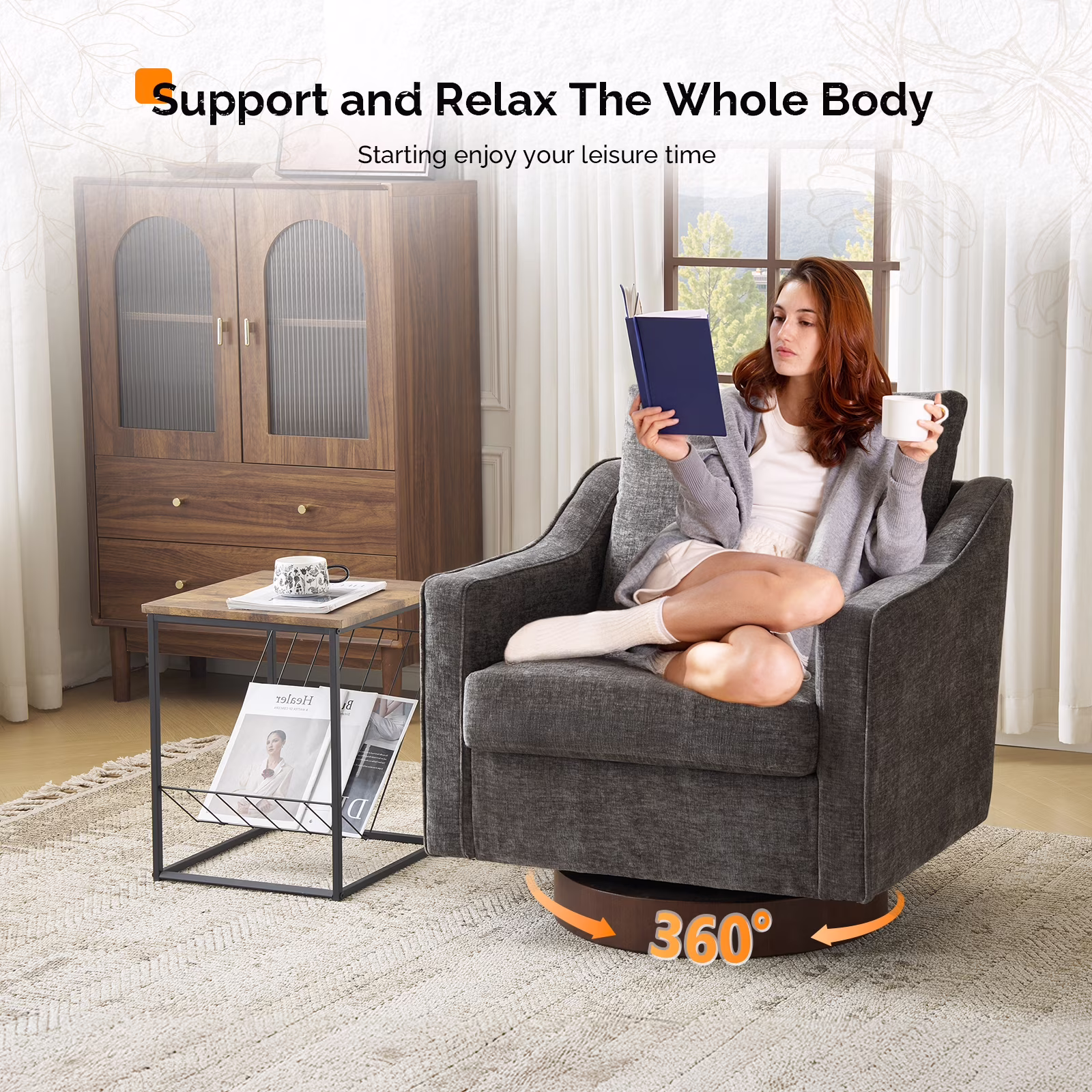 Ktaxon 360° Swivel Accent Chair Soft Chenille Fabric Arm Chair High Resilience Cushion Ideal for Living Room Bedroom Furniture Gray