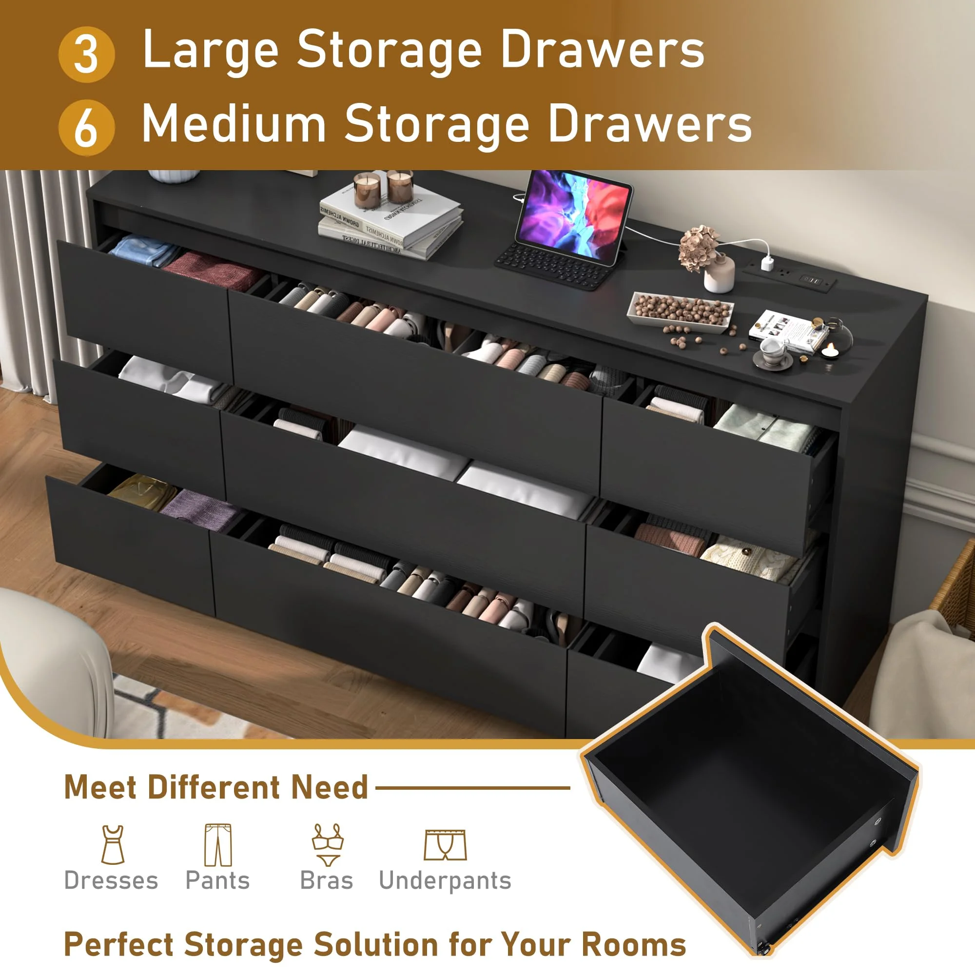 ChVans Black 9 Drawers Dresser with Charging Station, 63" Long Modern Dresser with 9 Drawers for Bedroom, Large Wood Chest of Drawers Handle Free, Dresser for Bedroom, Living Room, Hallway