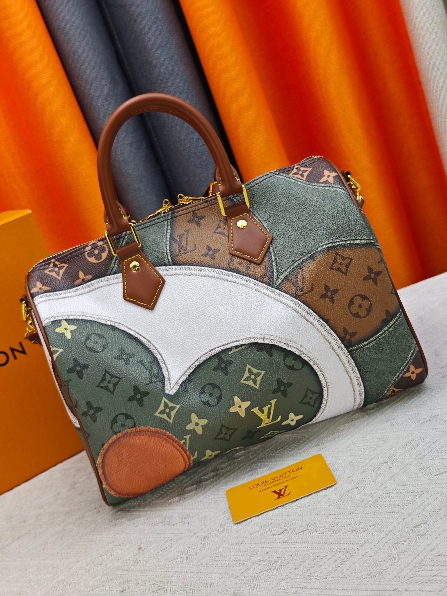 LV Speedy 30 Monogram Giant White Flower Print Olive Canvas Boston Top Handle Bag