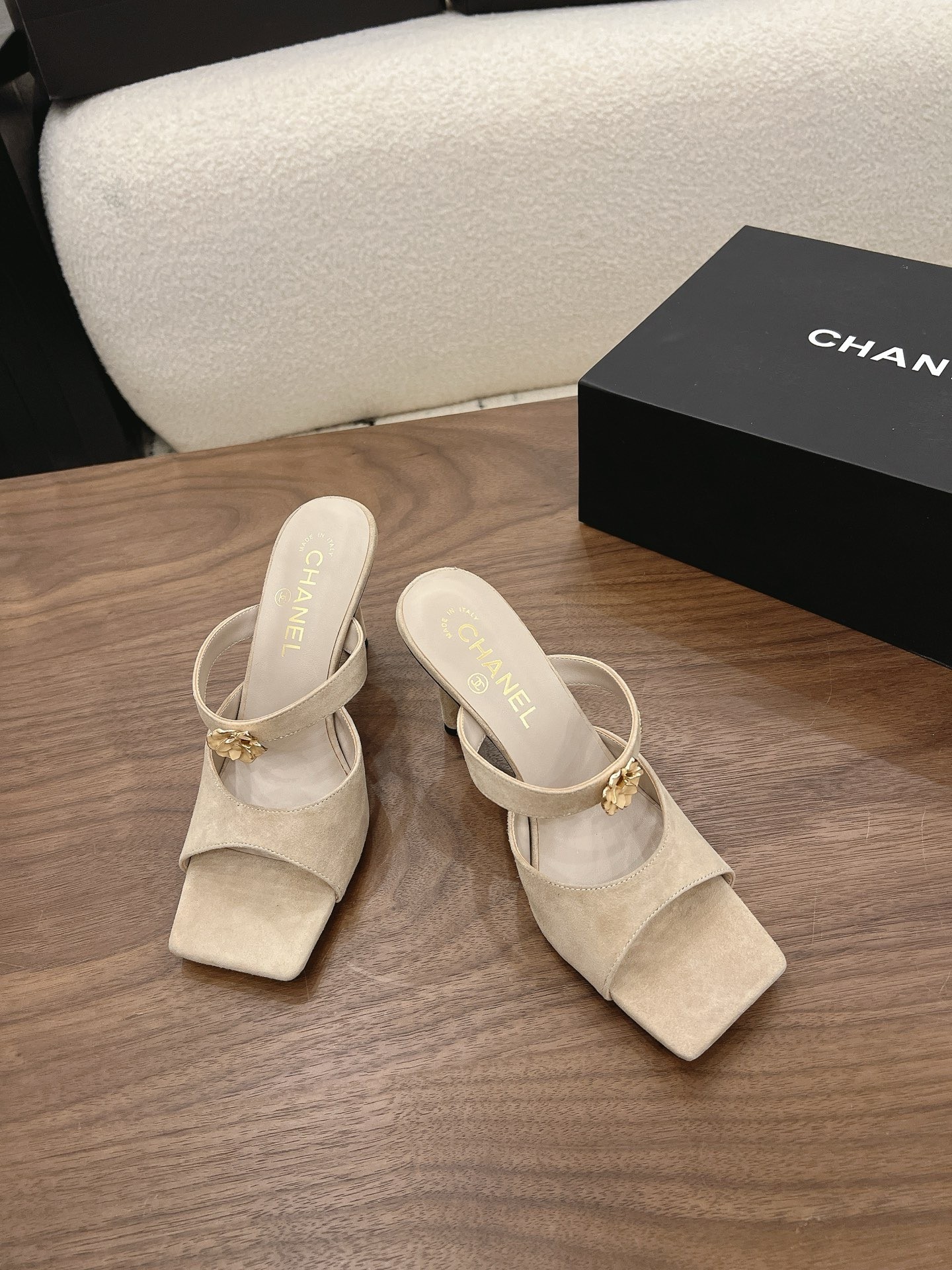 Chanel 26K Beige Camellia Buckle Suede Leather Square Toe Sandals Mules Heels