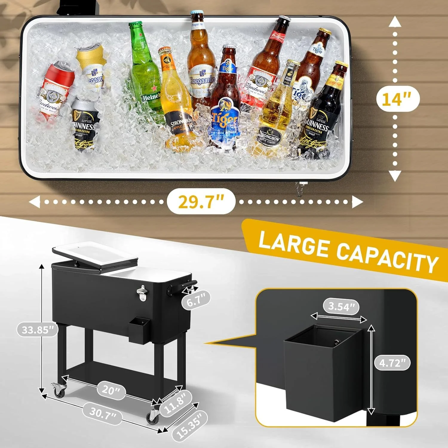 ​Large 80 Quart Portable Rolling Cooler with Lockable Lid, Features Catch Basin, Utility Tray, and Bottle Opener for Patio, Parties, Boating, and Vacation​