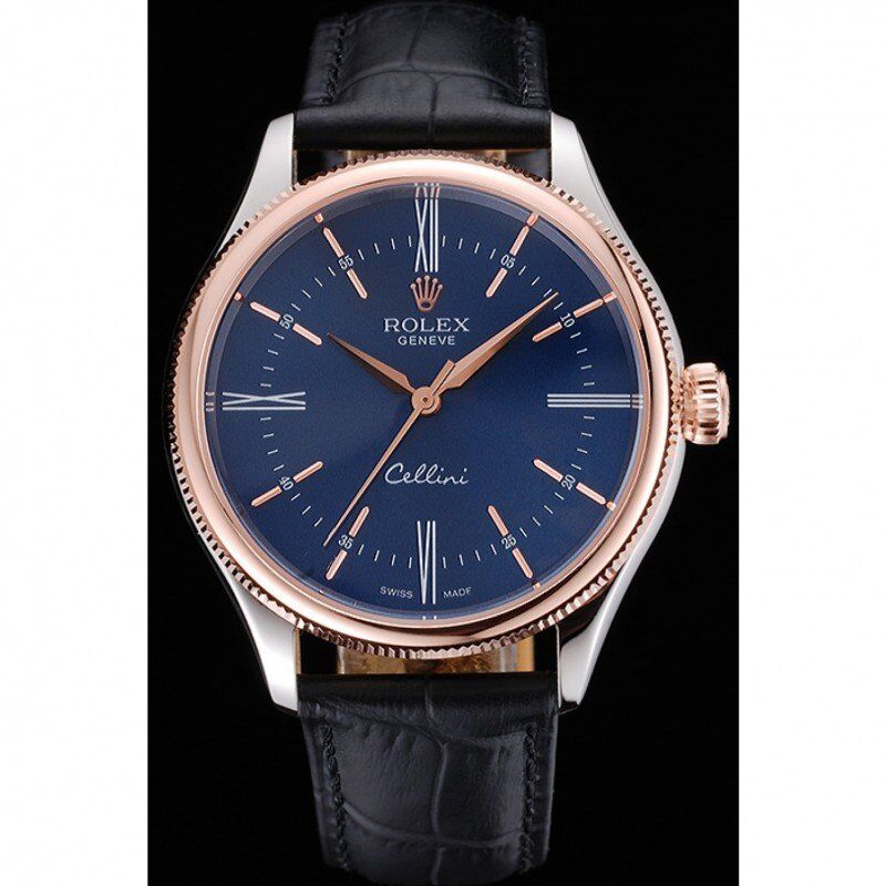 Rolex Cellini Blue Dial Gold Bezel Stainless Steel Case Black Leather Strap 622841