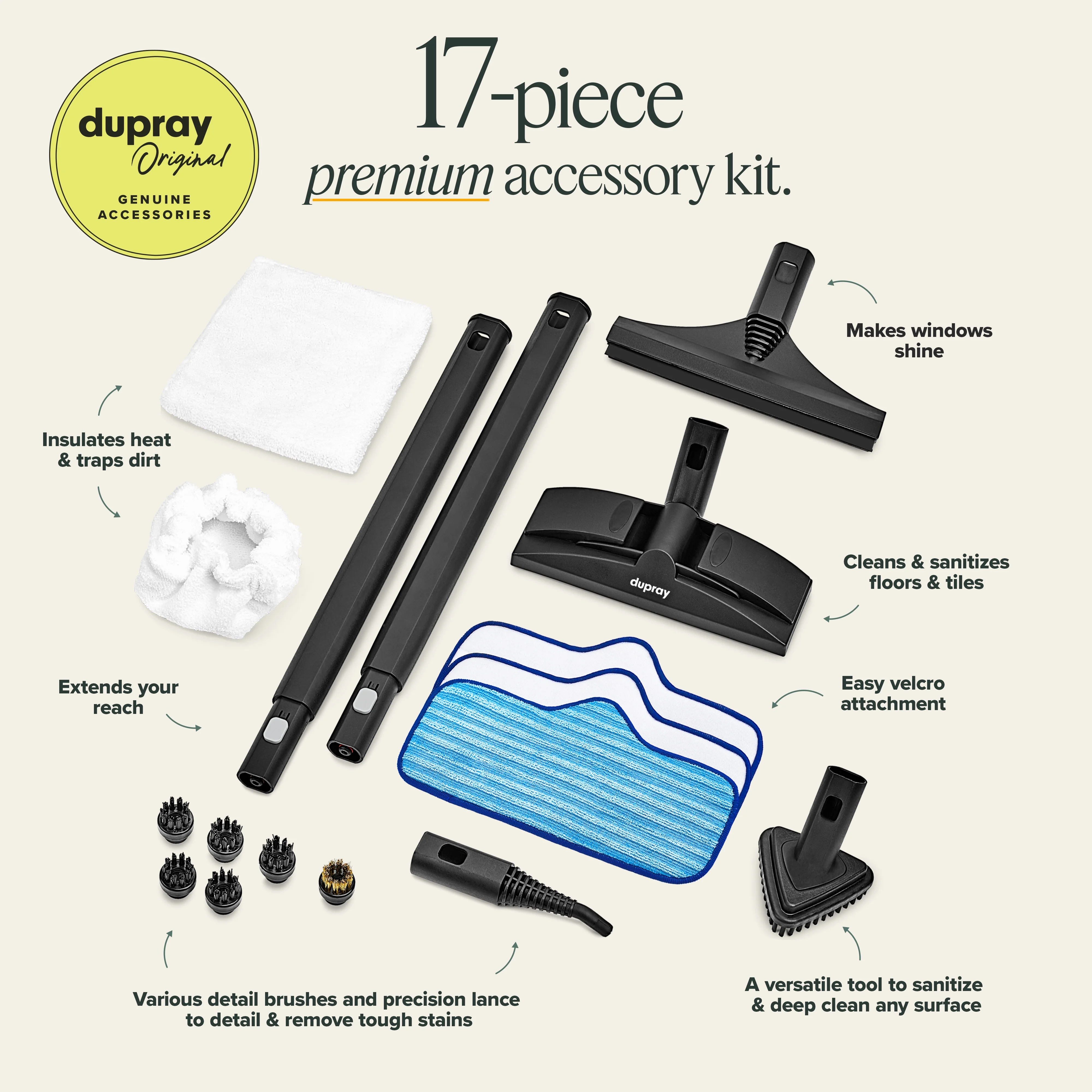 Dupray Neat Steam Cleaner 17-Piece Kit ?Our bestselling multipurpose steam cleaner with all the tools to clean, detail, sanitize*, deodorize floors, grout, bathrooms, kitchens and more. 1500w