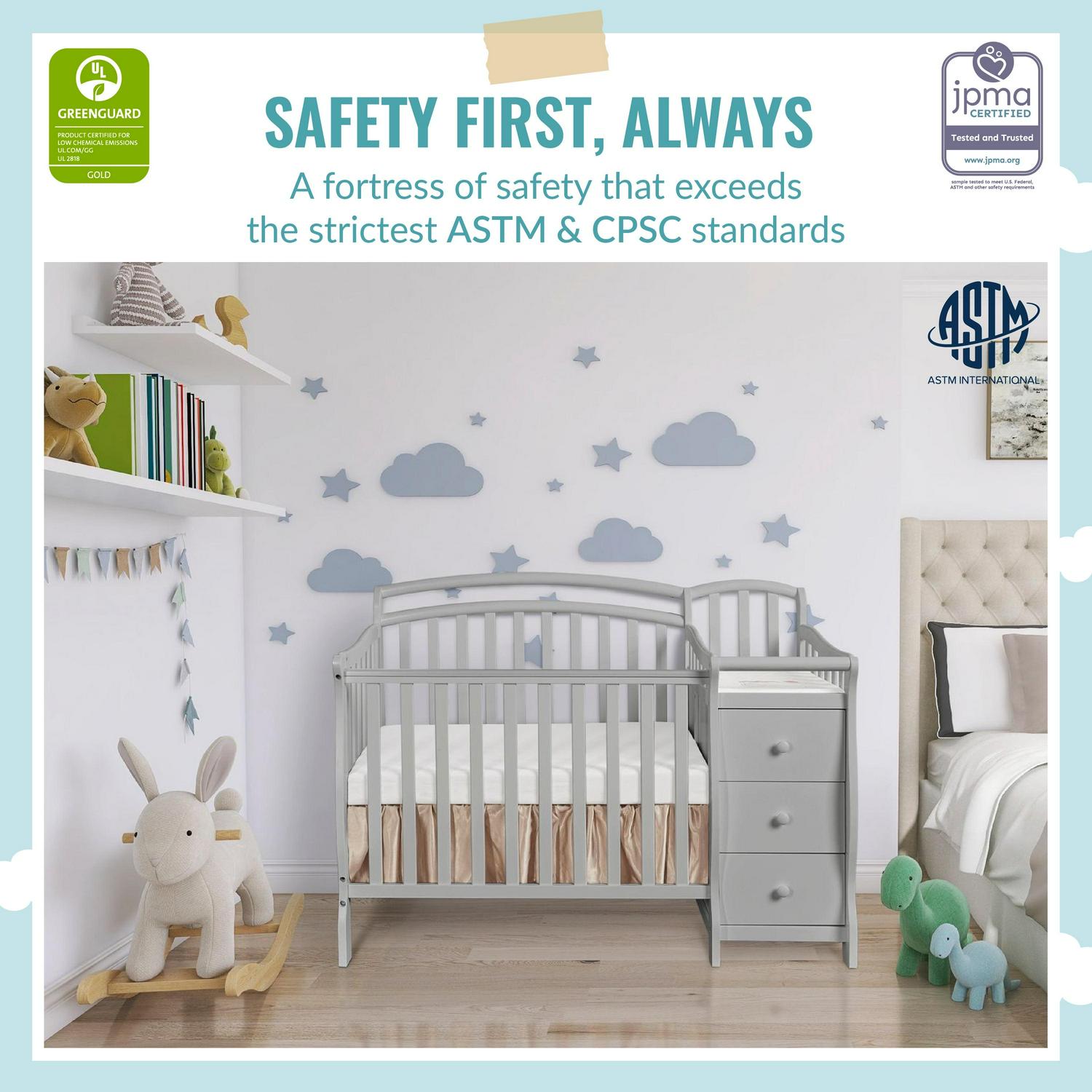 Dream On Me Casco 4-in-1 Mini Crib and Dressing Table. Pebble Grey
