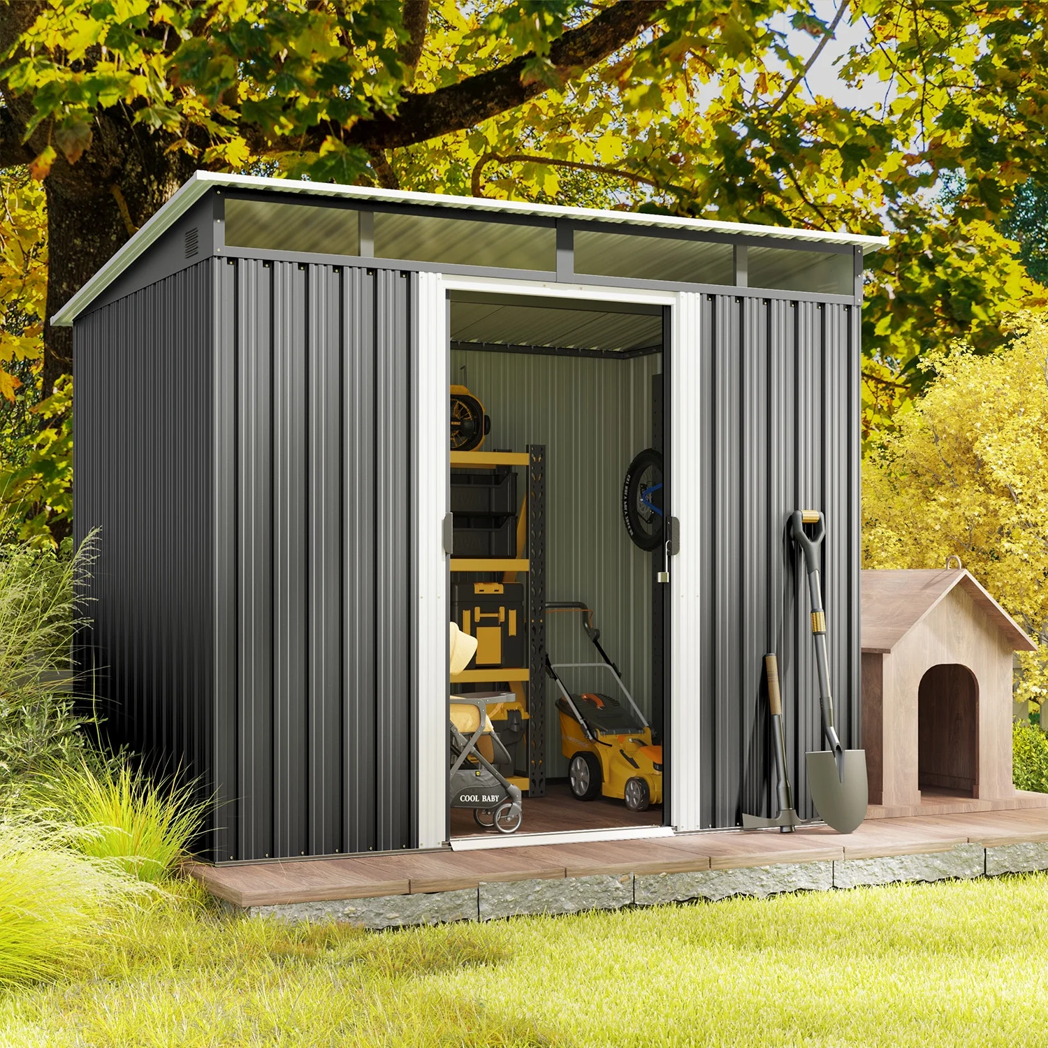 8'x6'ft Metal Shed , Asofer Outdoor Storage Shed with Transparent Panel Window for Garden, Dark Gray