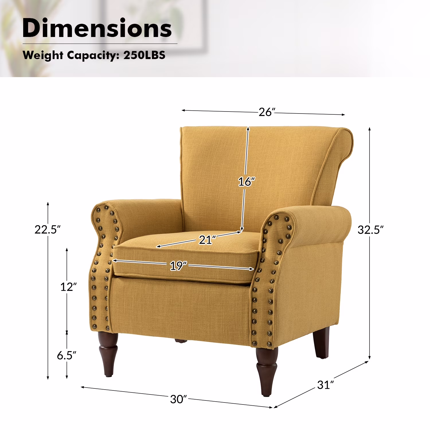 Tina's Home Upholstered Sofa Armchair Fabric Wingback Accent Chair Wood Legs Nailhead Trim Home Living Room Bedroom Mustard