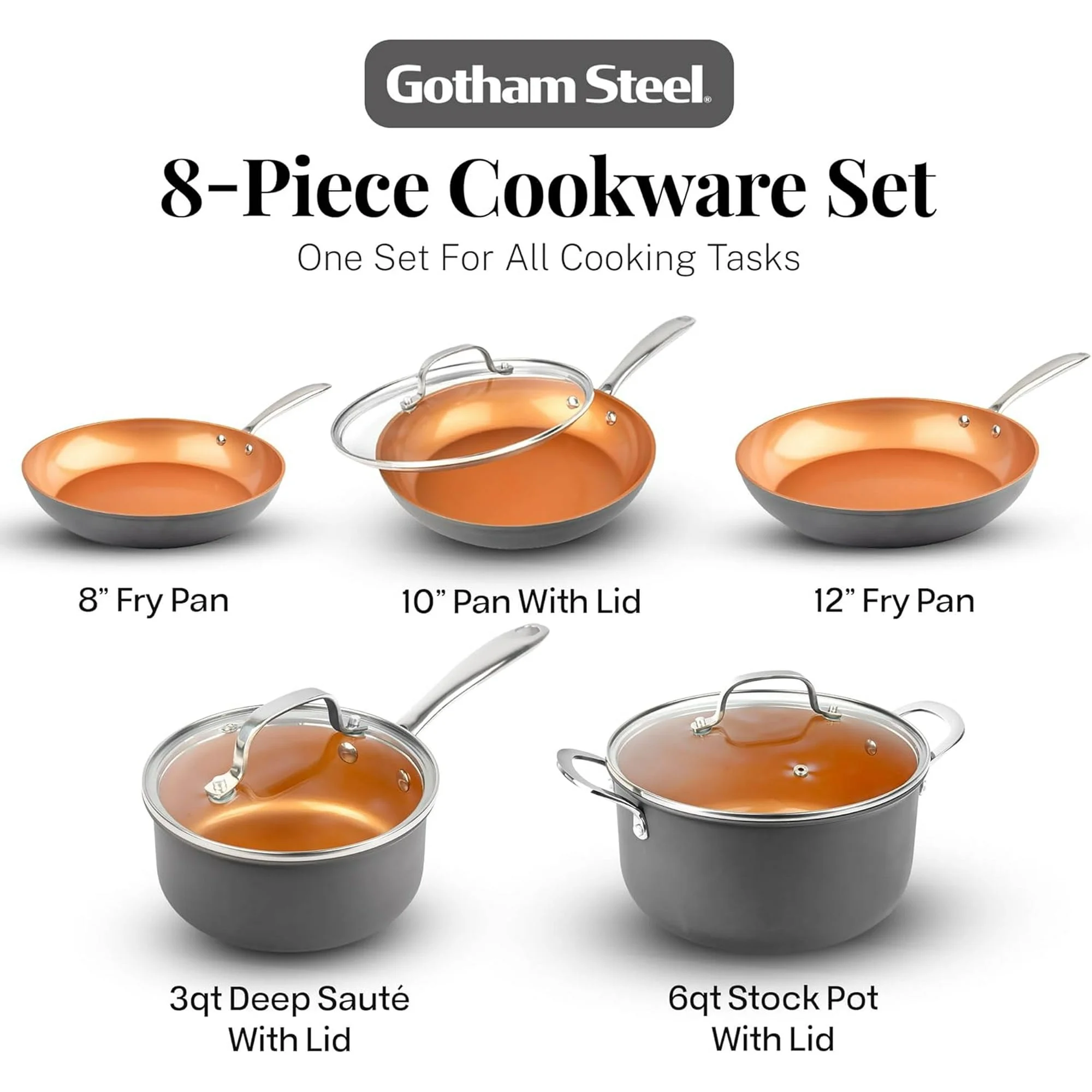 Gotham Steel Pro Nonstick Pots and Pans Set Non Stick 8 Piece Set Ceramic Cookware Kitchen Set, with Frying Skillet, Hard Anodized, Gray/Copper