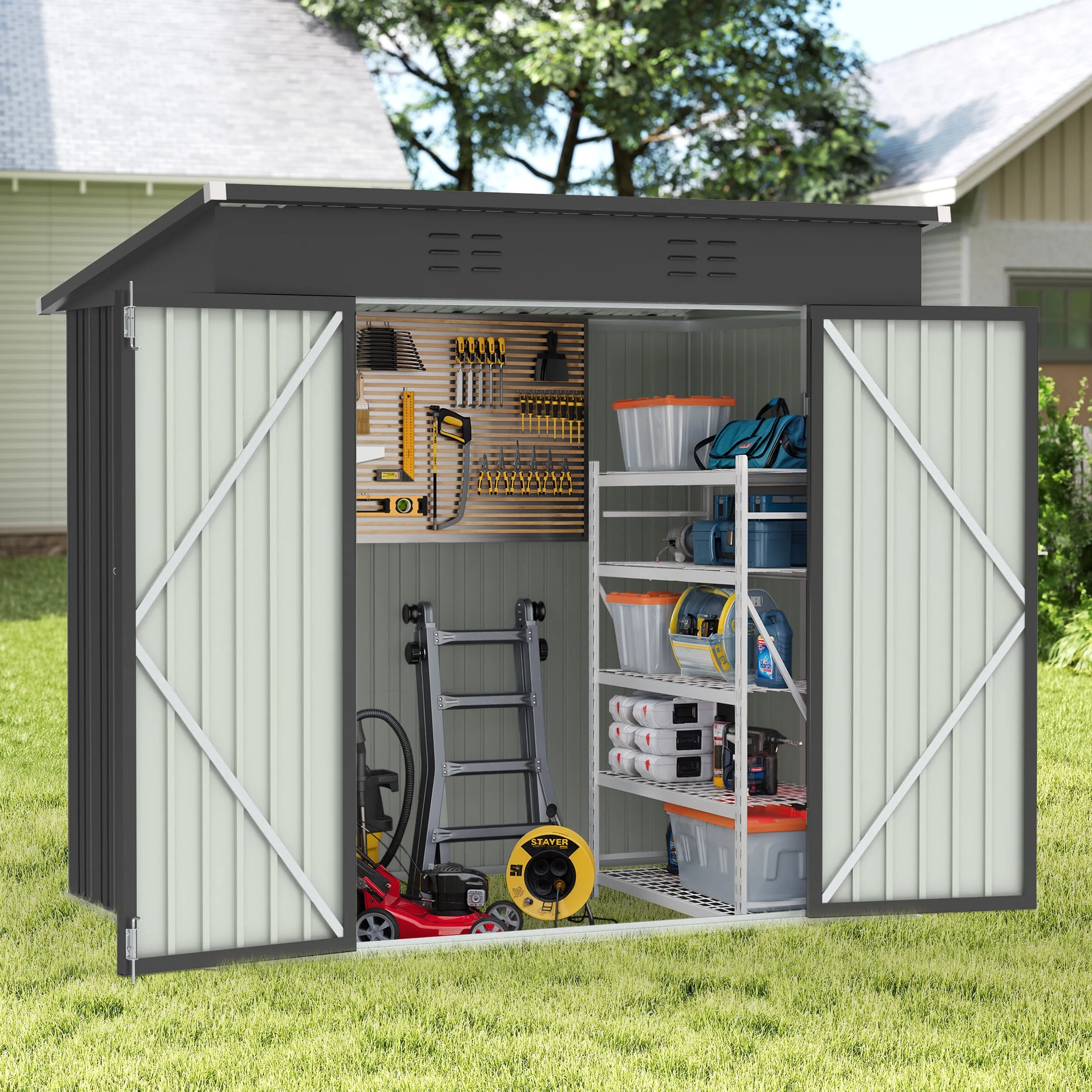 Sesslife 6x4 ft Outdoor Metal Steel Storage Shed with Sliding Roof & Lockable Door for Backyard, Garden, Gray