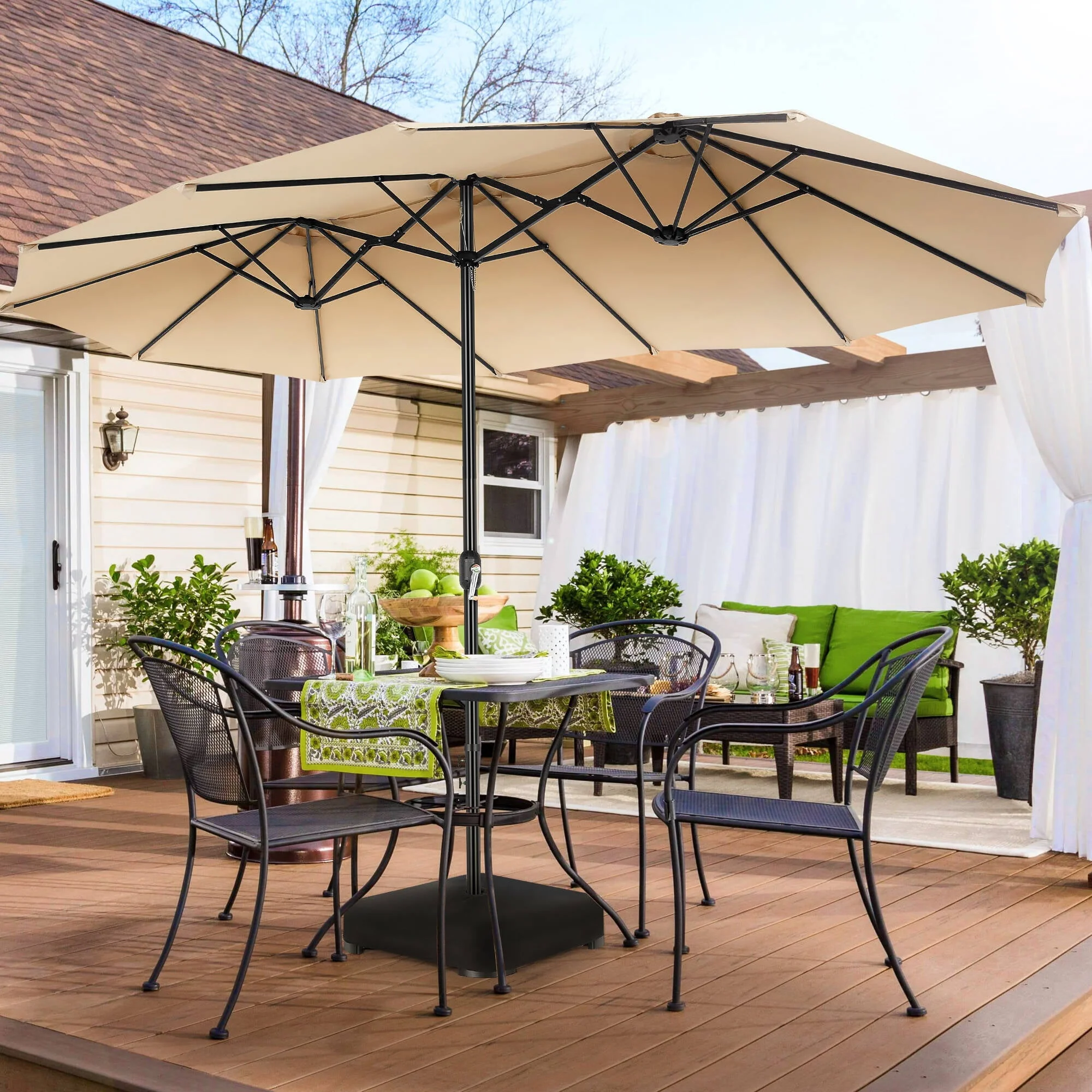 VIBESPARK 15ft Large Outdoor Umbrella Double-Sided Patio Umbrella with Base, Crank Handle, 12 Ribs Rectangular Umbrella for Patio Graden Poolside (Beige)