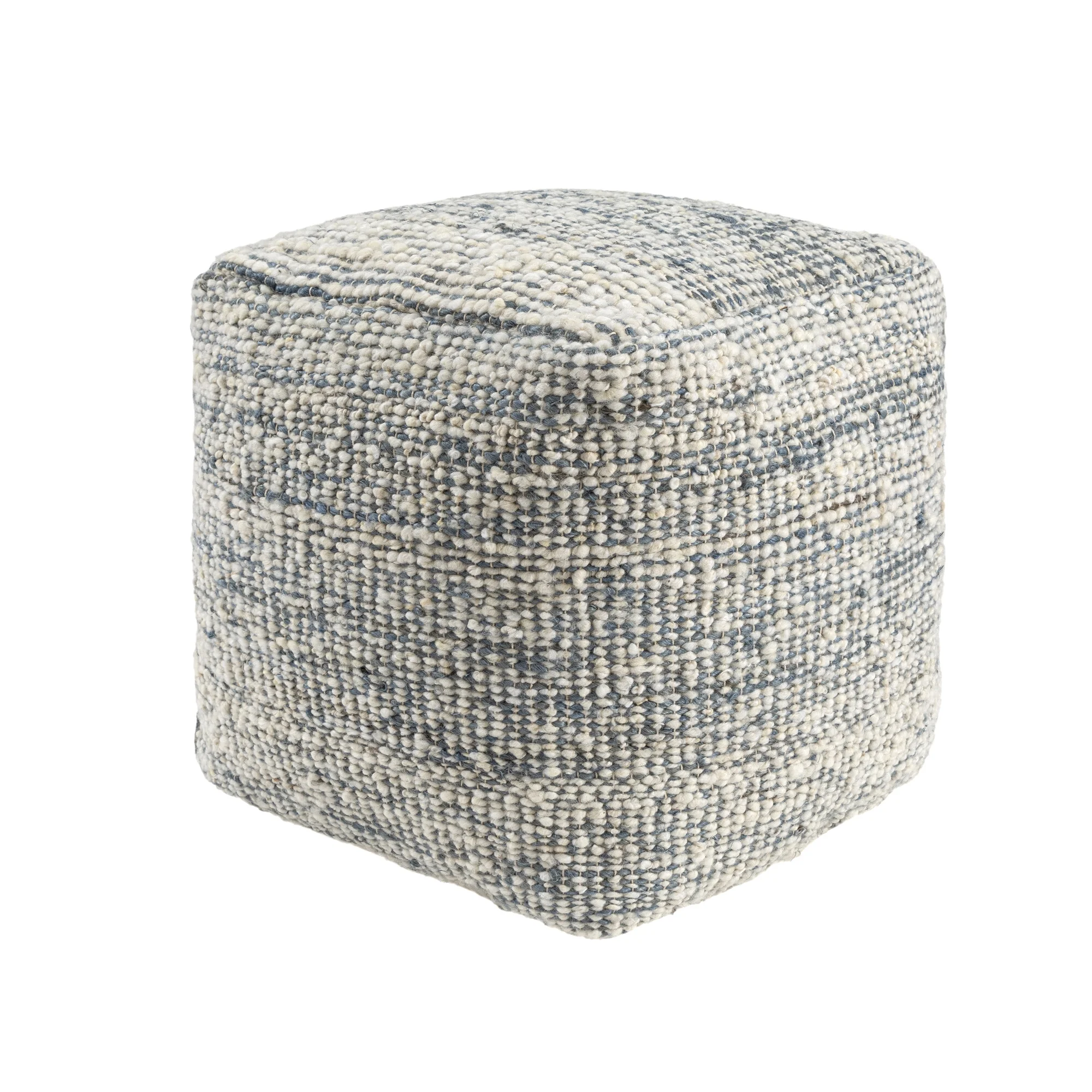Ox Bay Shiela Square Ivory/Blue Distressed Indoor Pouf Ottoman, 18"H x 18"W