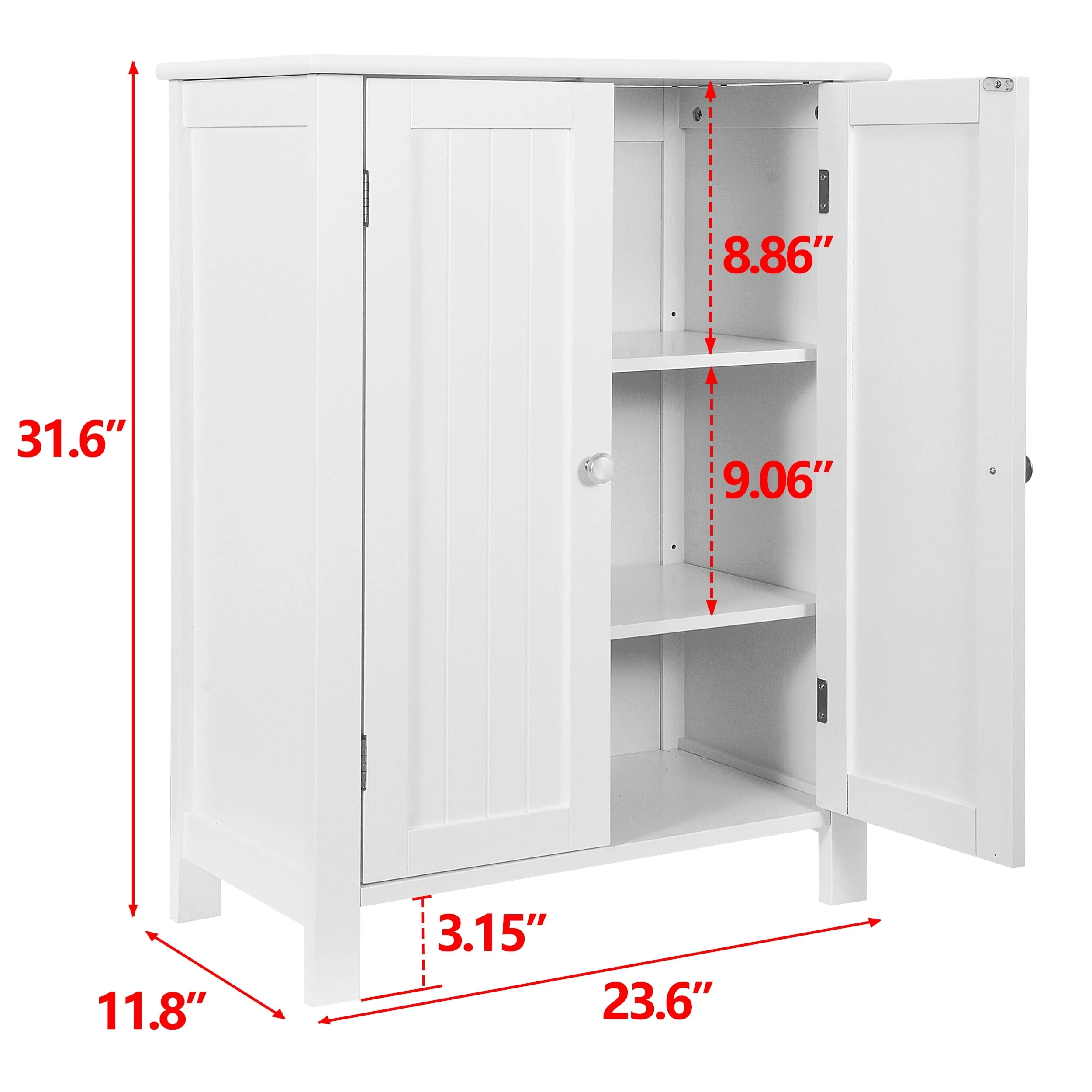 HomGarden 2-Door Bathroom Floor Storage Cabinet Side Cupboard W/ Adjustable Shelves, 11.8'' W, White