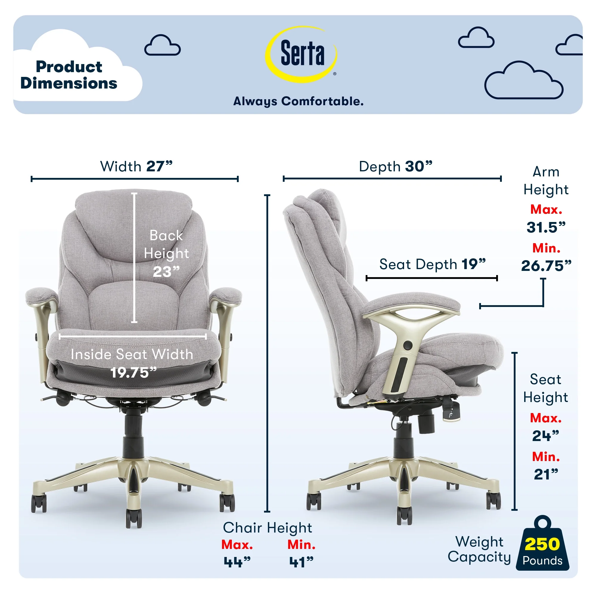 Serta Back in Motion Technology Fabric Executive Office Chair, Light Gray