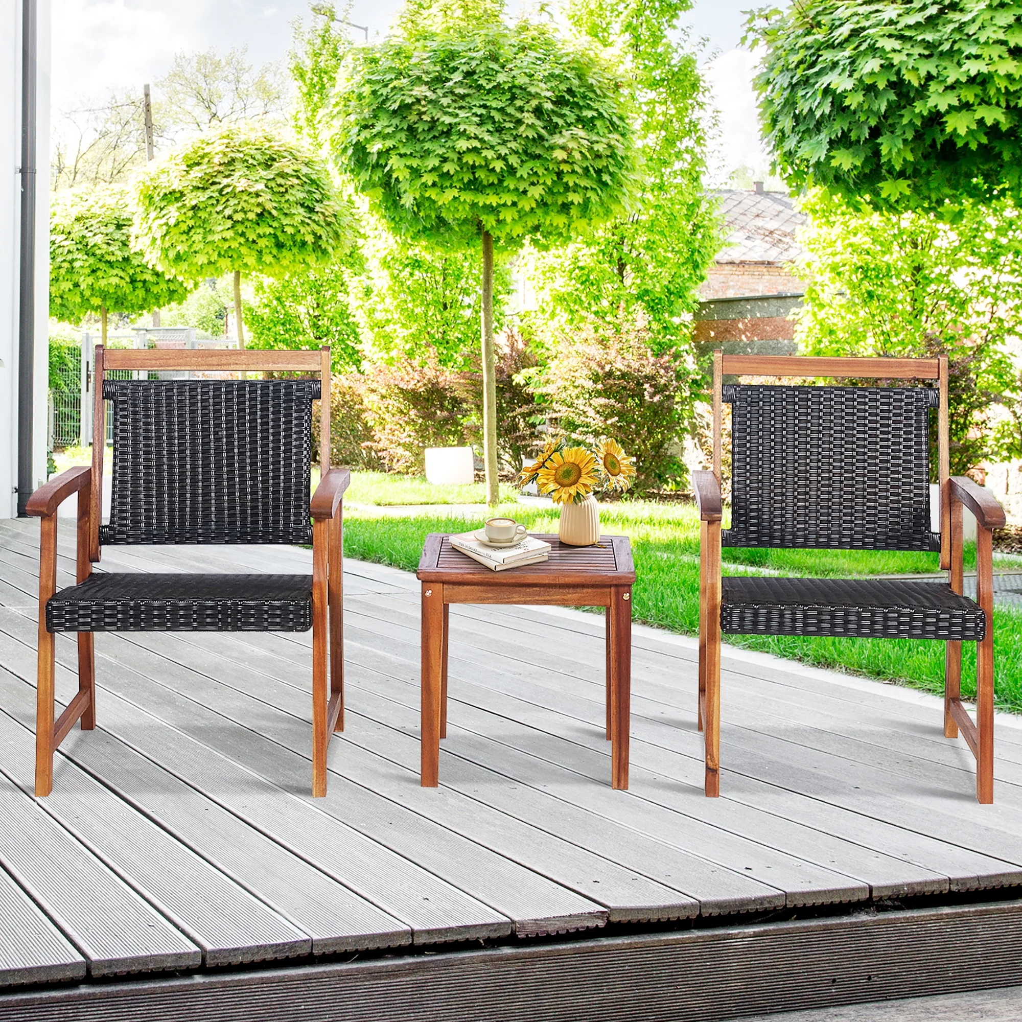 Costway 3PCS Patio Rattan Bistro Set Acacia Wood Frame Armrest Chairs Garden