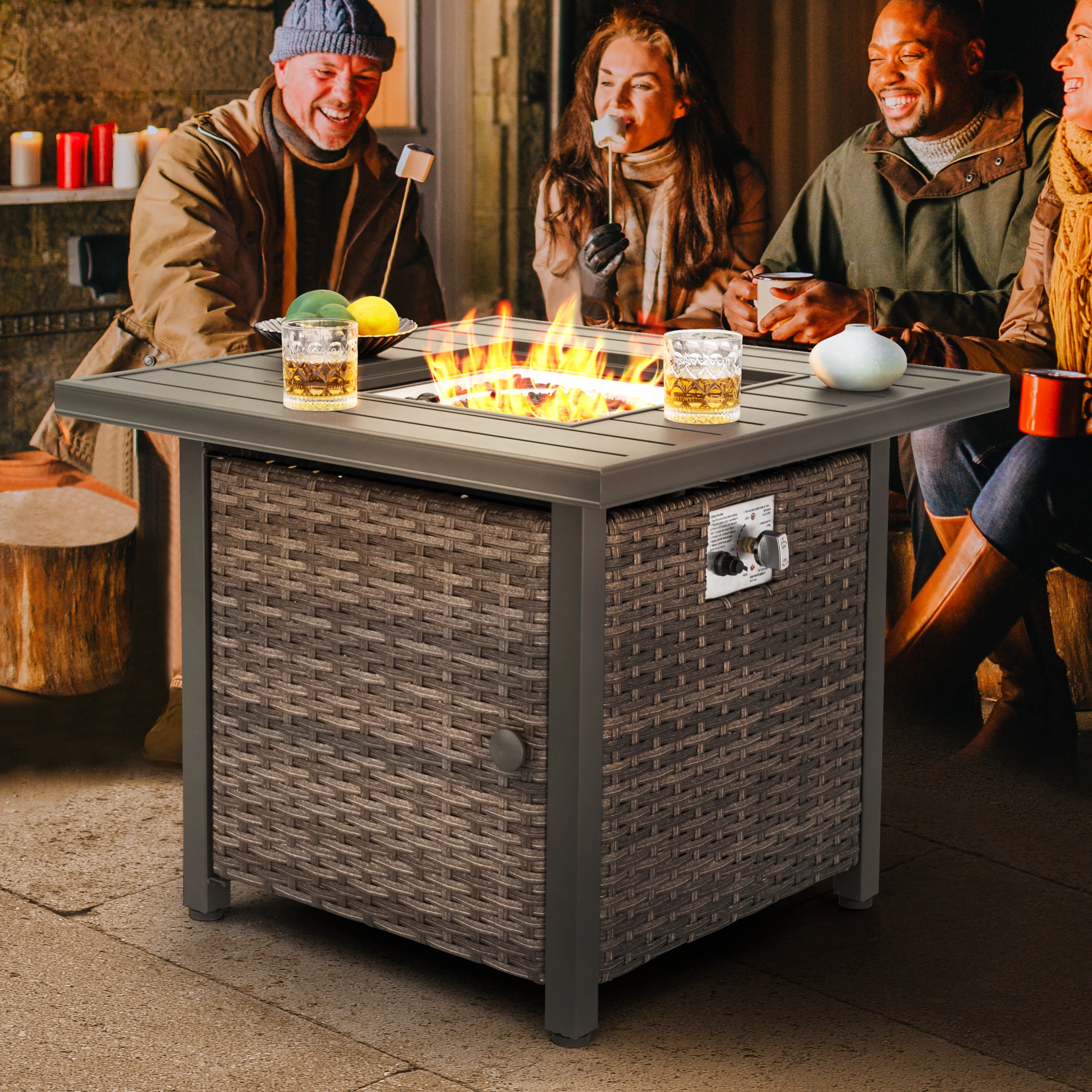 Nuu Garden Square 30" Outdoor Propane Fire Pit Table, 50,000 BTU Gas Fire Pit with Lid, Hand-Woven Wicker, with Glass Beads and CSA Certification
