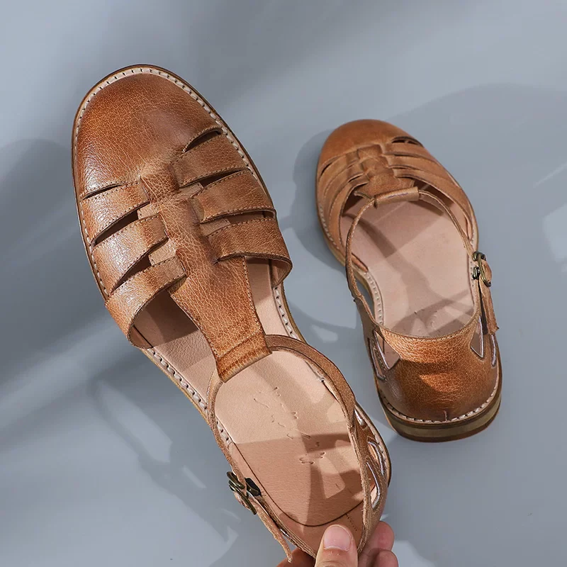 Original handmade retro cowhide French literary men's Roman sandals