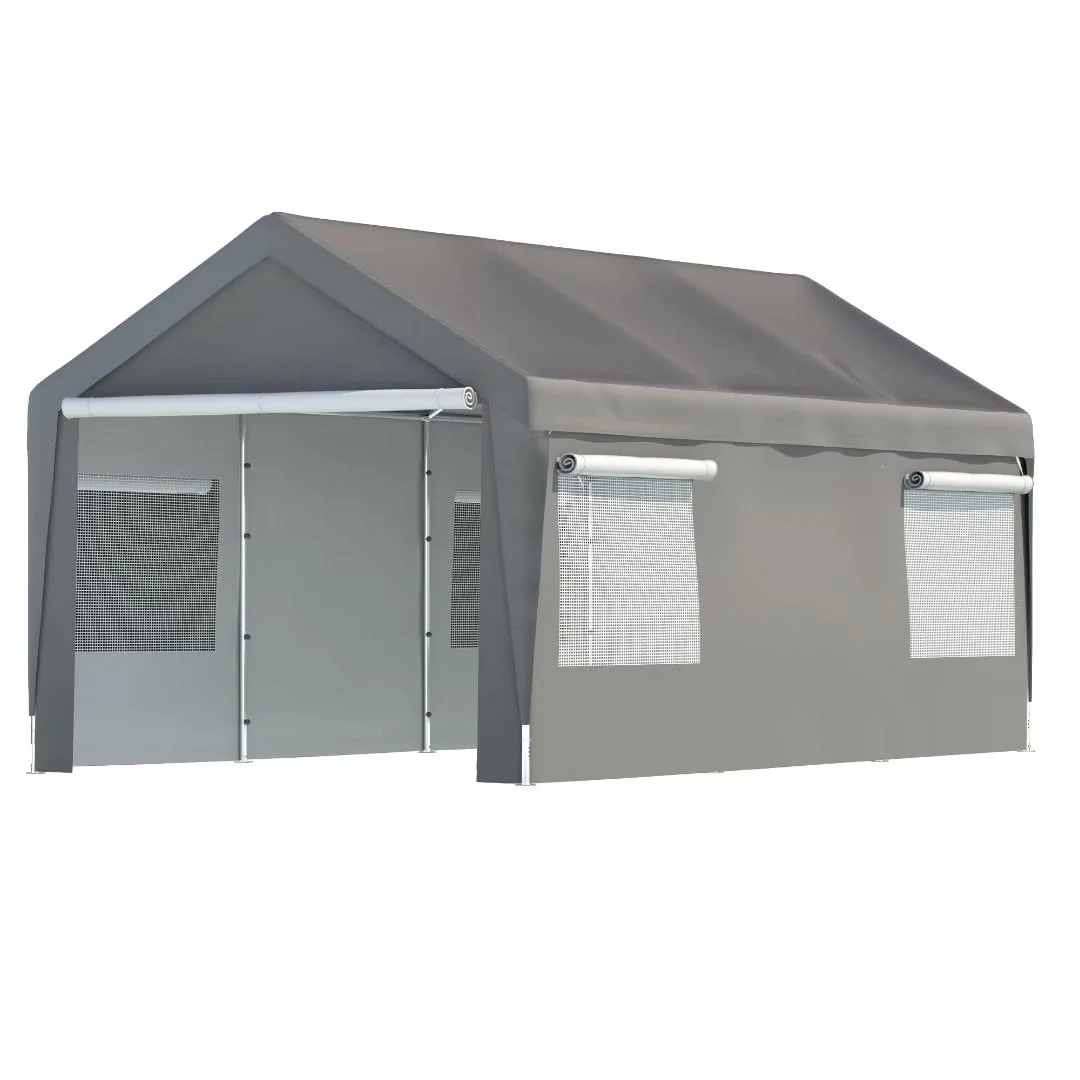 LZBEITEM 10 x 20 ft. Heavy Duty Steel Outdoor Carport Storage Boat Shed Canopy Garage Car Shelter Portable Party Tent Adjustable Height with Window Sidewalls and Doors, Gray