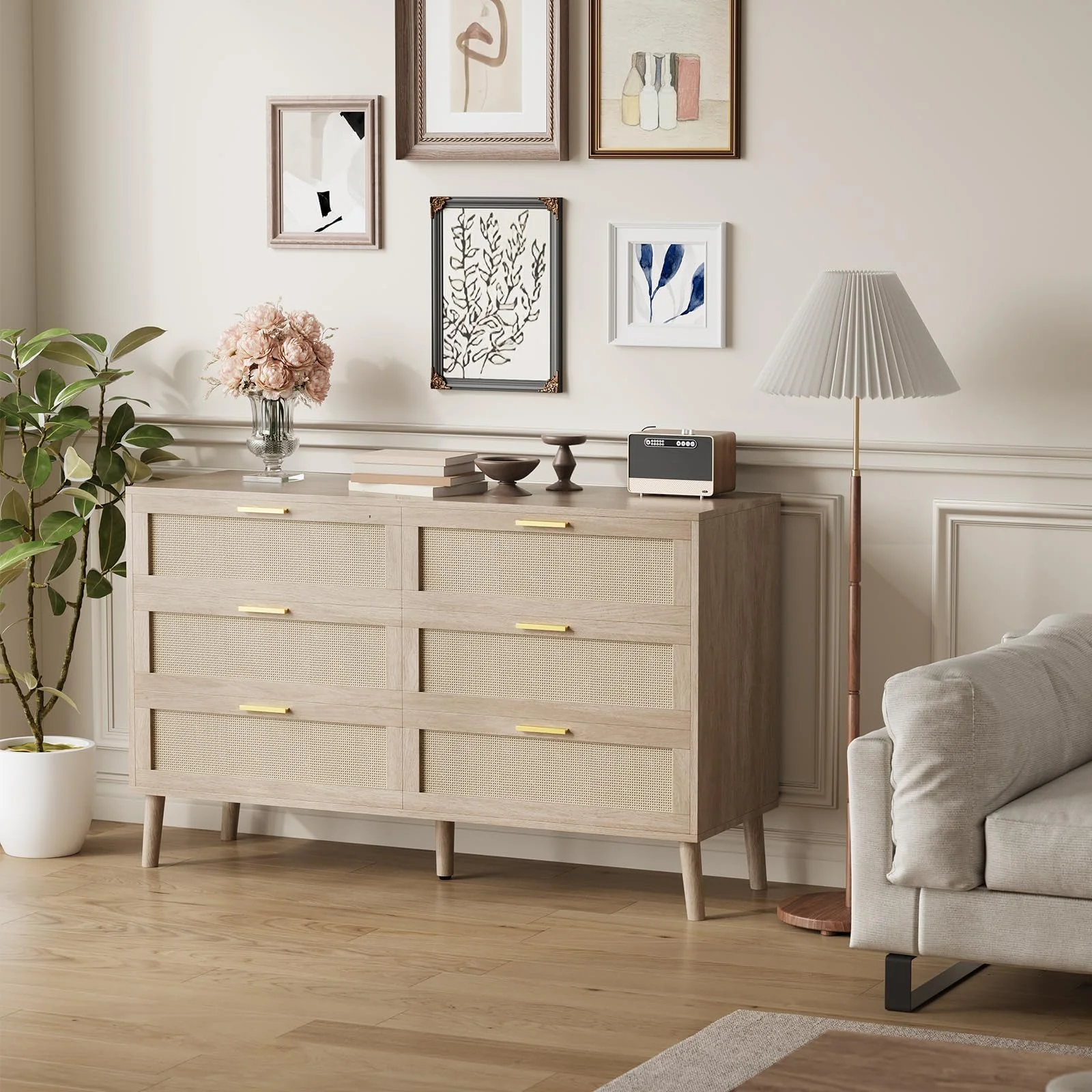Huloretions 6 Drawer Dresser,Rattan Chest of Dressers,Mid Century Modern Dresser For Closet With Handles,Large Table Top Dresser For Bedroom Living Room Hallway 47.2" x 15.7" x 29.5"