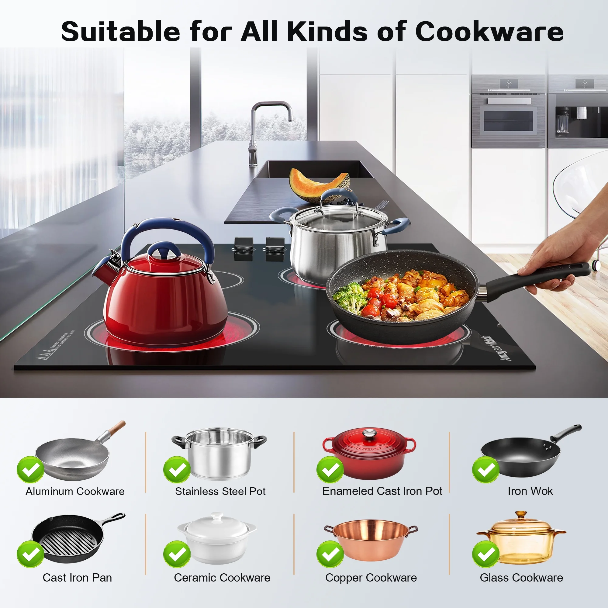 30 inch 4 Burner Built in Electric Ceramic Cooktop 6700W 240V with Hot Surface Indicator Radiation-Free ETL Certified