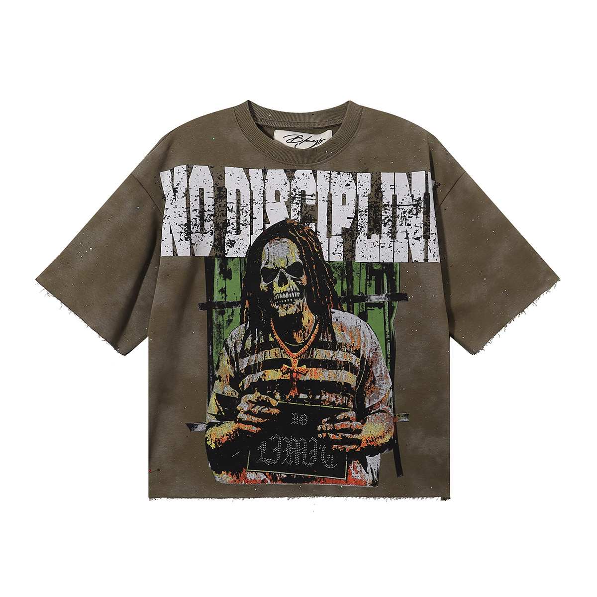 Army green American-style cross with vintage print short-sleeved shirt