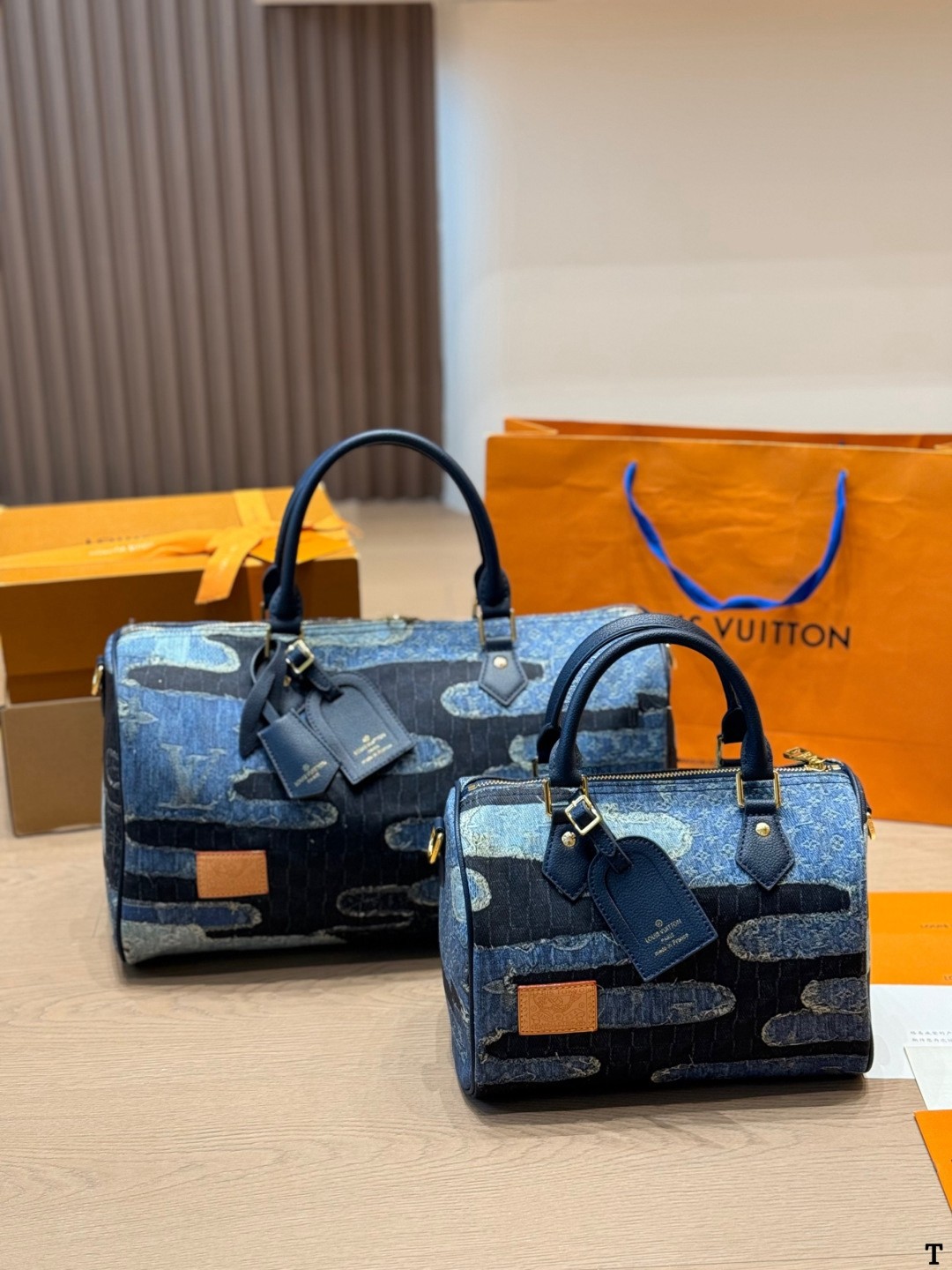 LV Speedy 25/30/40 Denim Camo Blue Patchwork Monogram Boston Travel Top Handle Bag