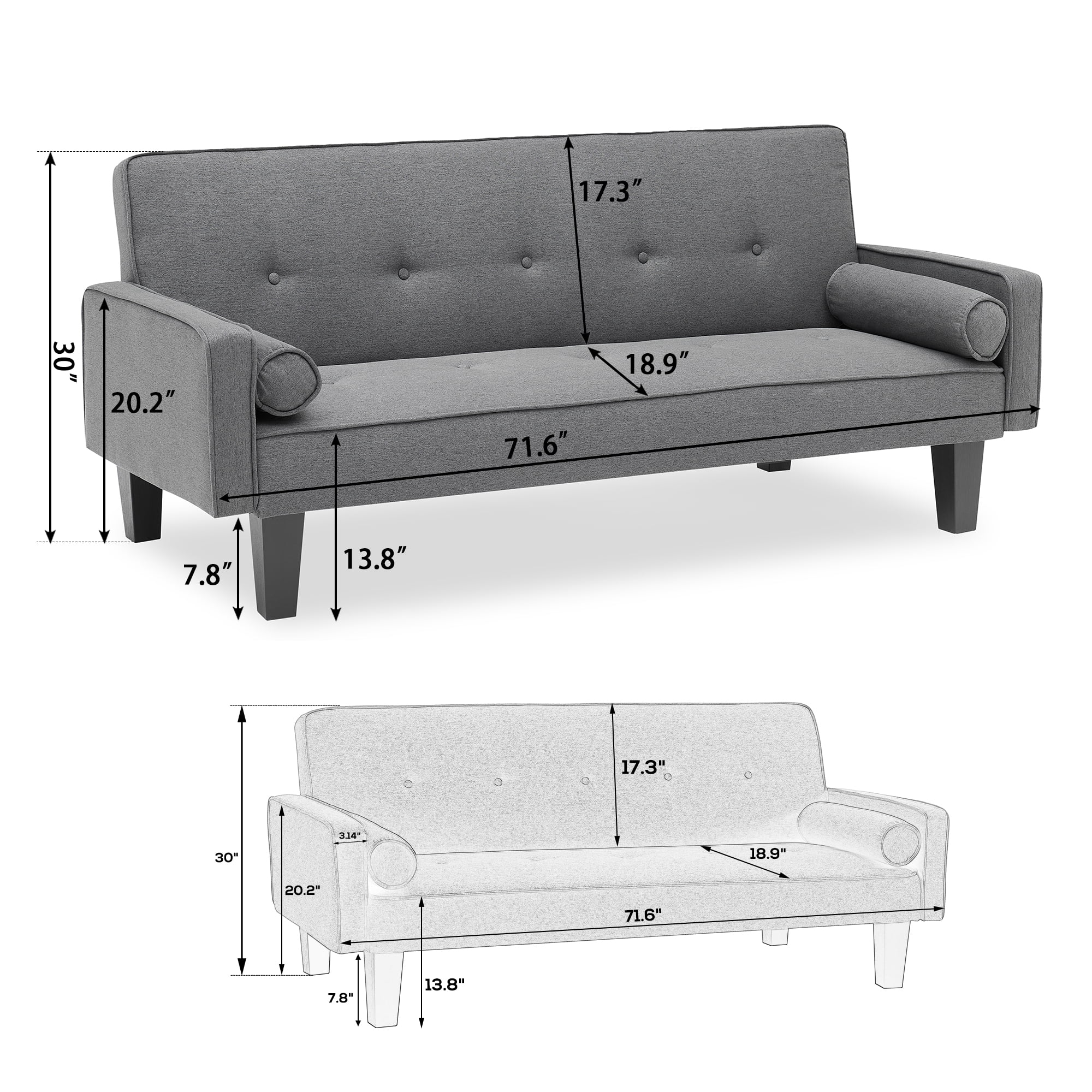 72" Futon Sofa Bed,Upholstered Folding Futon Fabric Couch,Recliner Twin Size Futon Bed Removable Armrests,Modern Sofa for Compact Living Space,Apartment,Gray