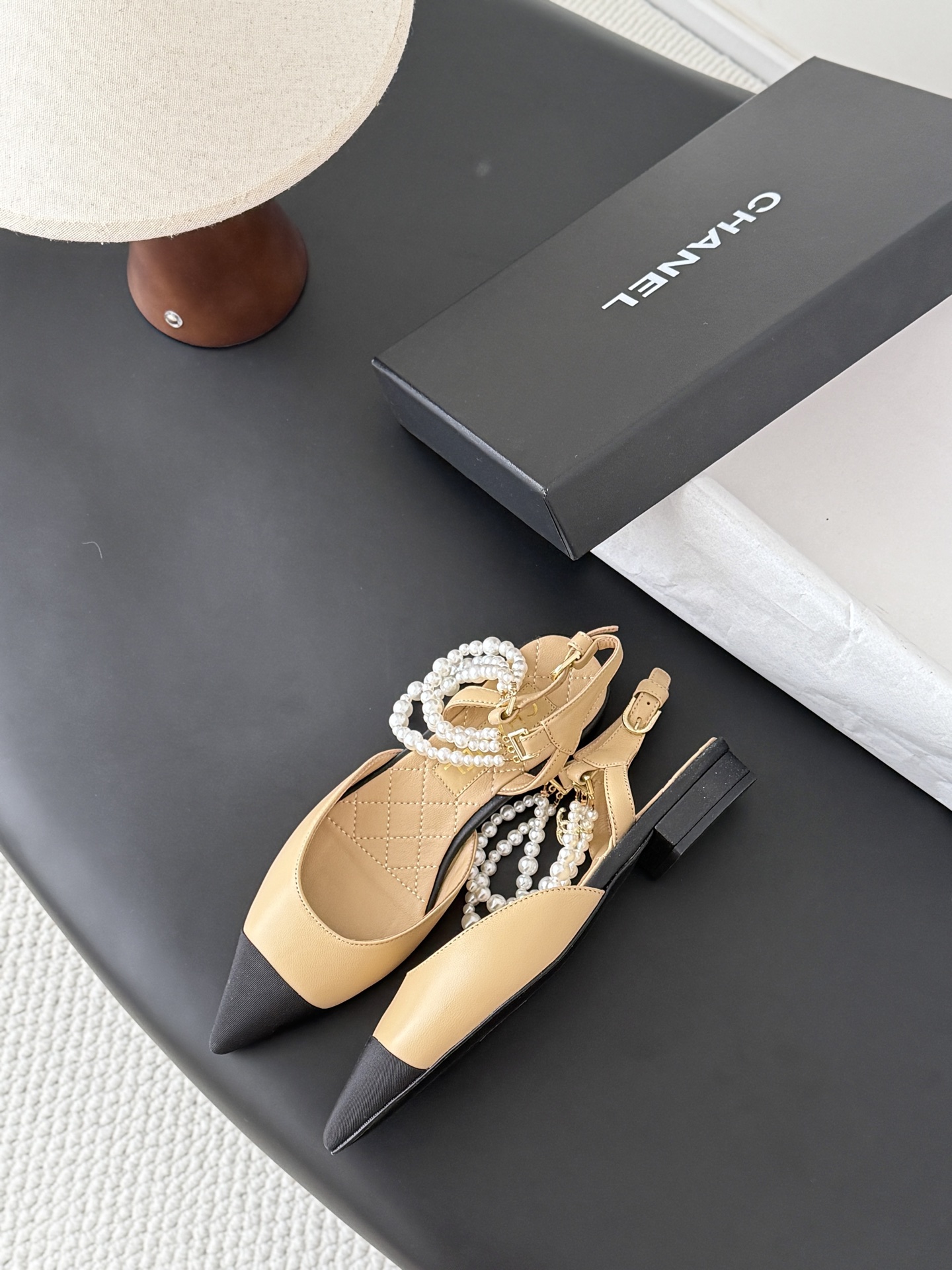 Chanel Two-Tone Cap Toe Pearl Chain Slingbacks & Kitten Heels Sandals