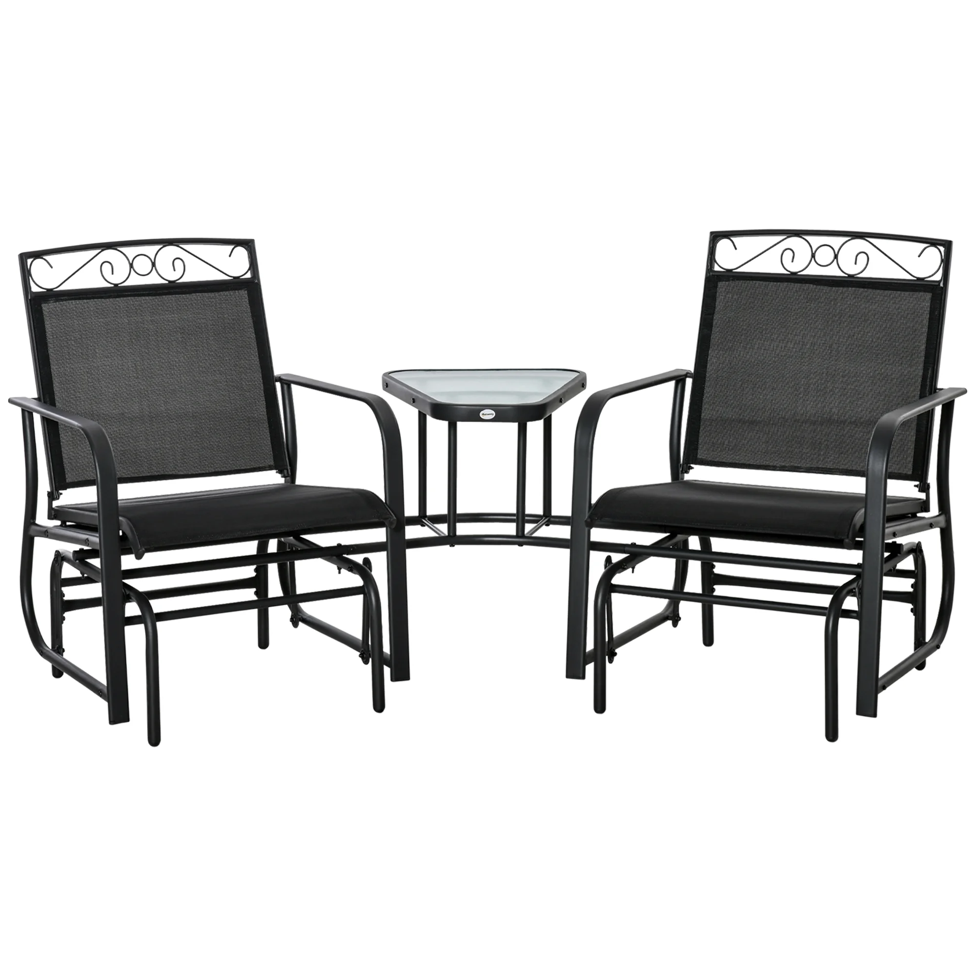 Outsunny Outdoor Glider Chairs with Coffee Table, Patio 2-Seat Rocking Chair Swing with Breathable Sling for Backyard, Garden and Porch, Black