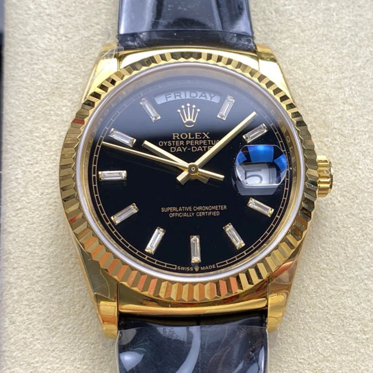 Rolex Watch Day-Date 36mm Gold Black Dial Leather