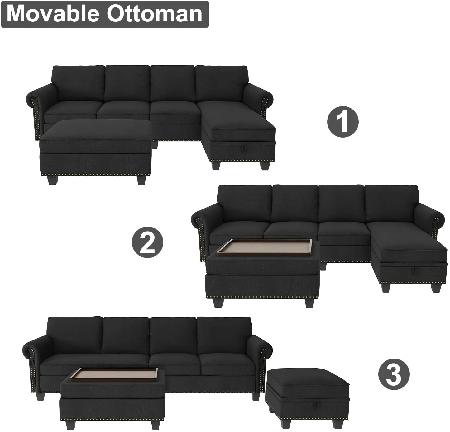 Nolany Reversible Sectional Couch L Shaped Sofa Set with Storage Tray Ottoman for Small Space and Living Room, Dark Grey