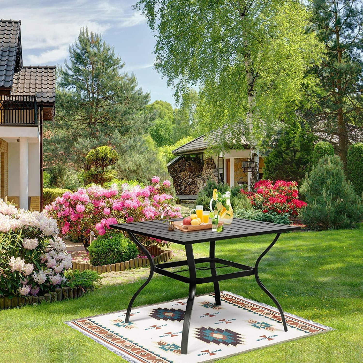 SUNCROWN 37"  4 Seat Outdoor Dining Table  Patio  Metal Square Bistro Balcony Table with 1.57" Umbrella Hole, Black