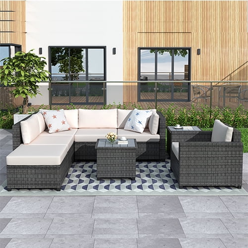 8 Piece Patio Outdoor Furniture Set, PE Rattan Sectional Sofa Set with 2 Tea Tables, Ottoman & Washable Cushions, All-Weather Wicker Conversation Couch Set for Patio, Deck, Garden, Backyard, K2460
