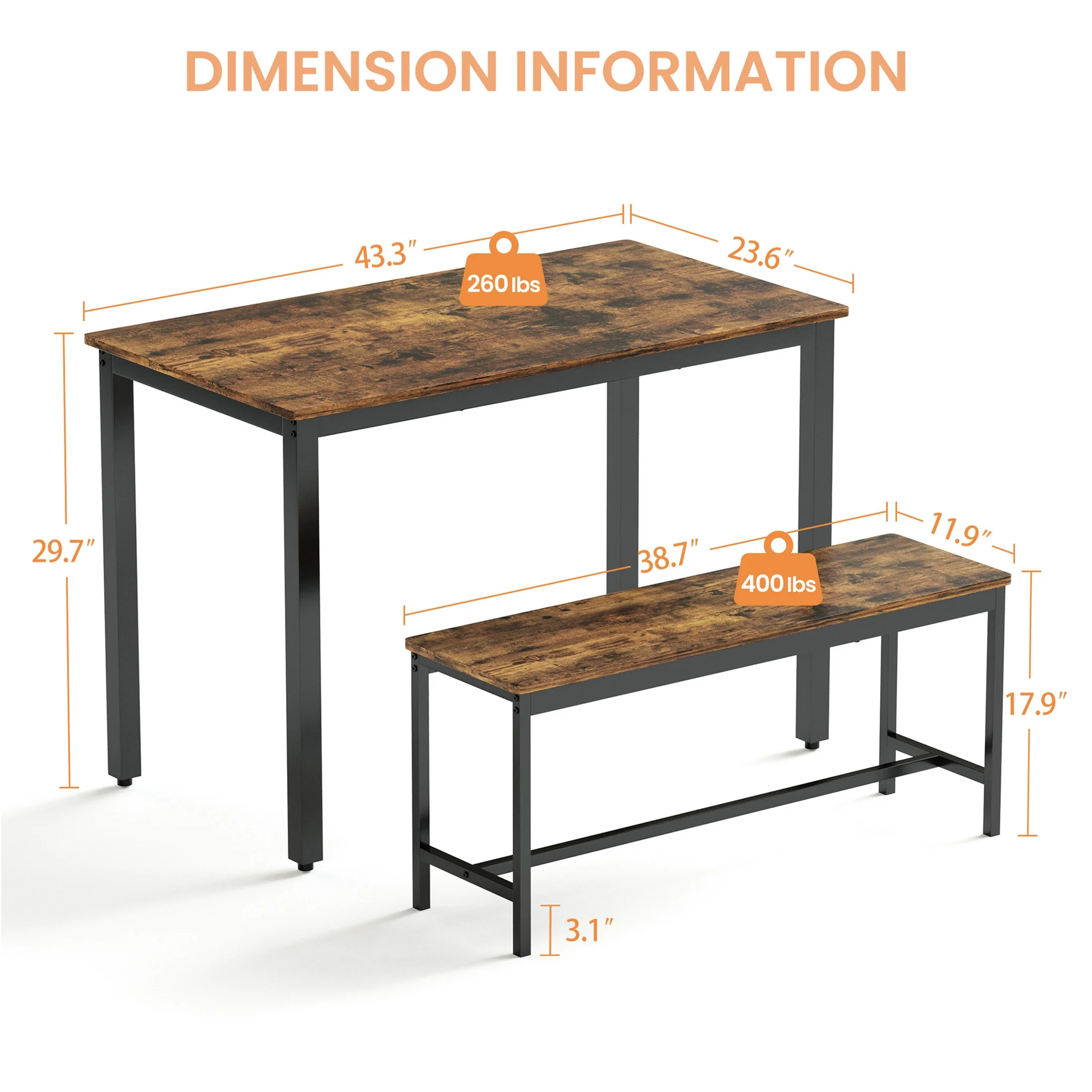 Kitchen Dining Table Set with 2 Dining Benches,Rustic for Kitchen Breakfast Table,Living Room,Party Room,43.3��L x23.6��W x 29.9��H