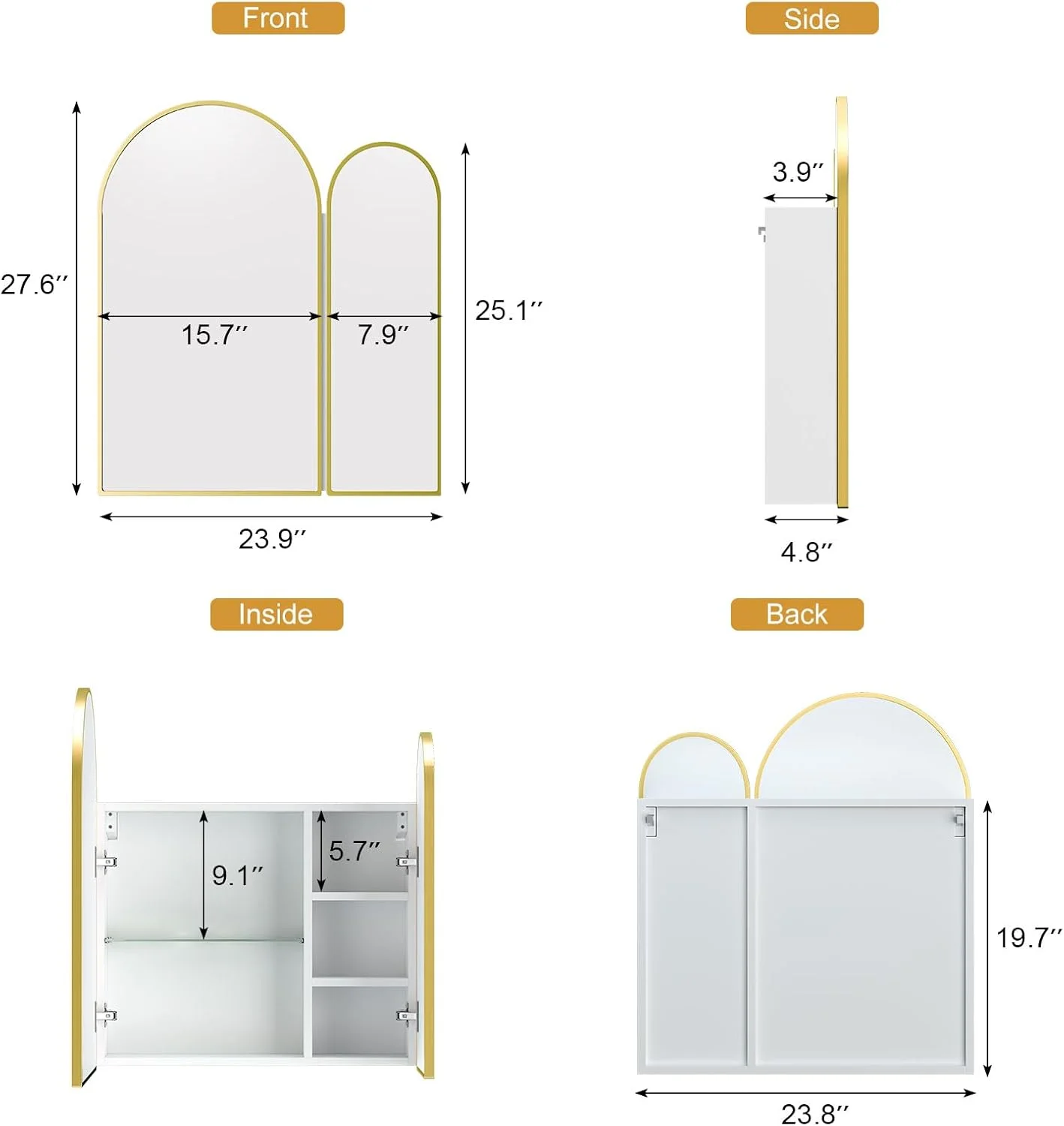 Black Arched Medicine Cabinet with Mirror,Black Medicine Cabinet with 2 Doors,Bathroom Medicine Cabinets Mirror Wall Mounted,24x28Inch