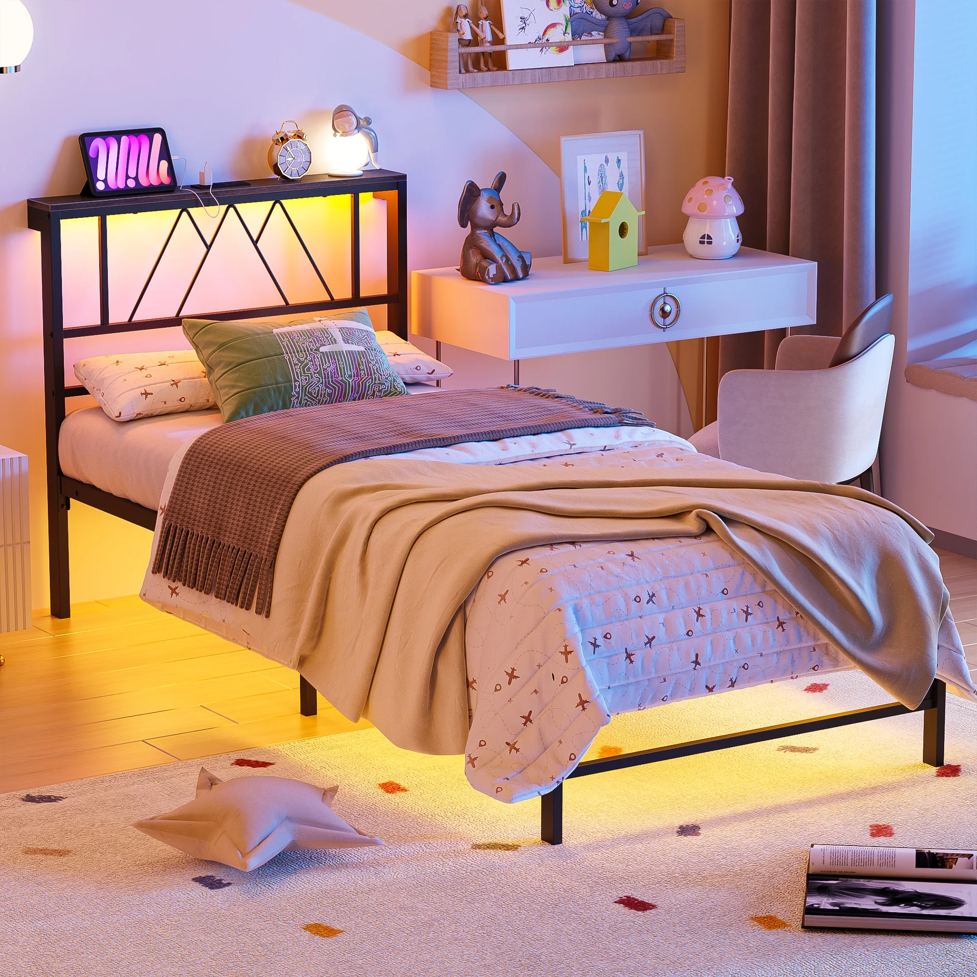 Yoneston Kids Twin Bed Fame with Charging Station LED Storage Headboard, Sturdy Metal Platform Bed Frame with Under-Bed Light for Boys Girls, Black