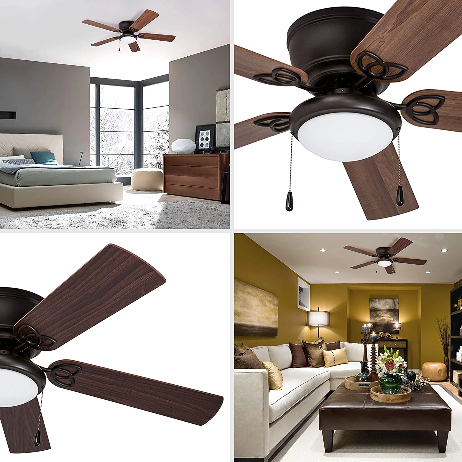Prominence Home 51429 Benton Hugger/Low Profile Ceiling Fan, 52 Walnut/Maple Blades, LED Globe Light, Bronze