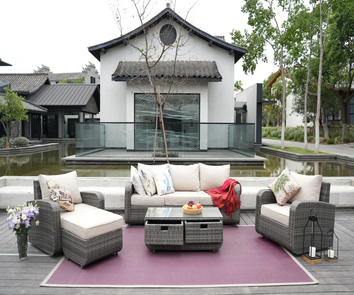 Moda Furnishings 5 Seater Patio Wicker Sofa Set in the Outdoor, 5 pieces, Grey