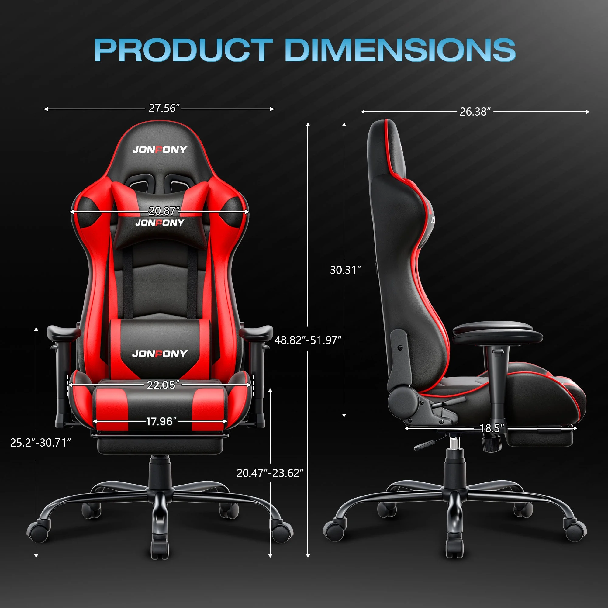 JONPONY Big and Tall 500LBS Gaming Chair, Ergonomic Design, Gamer Chair PU Leather with Footrest and Lumbar Support, High Back Office Chair Support 8 Hours Long Sitting,Red Computer Chair,Red