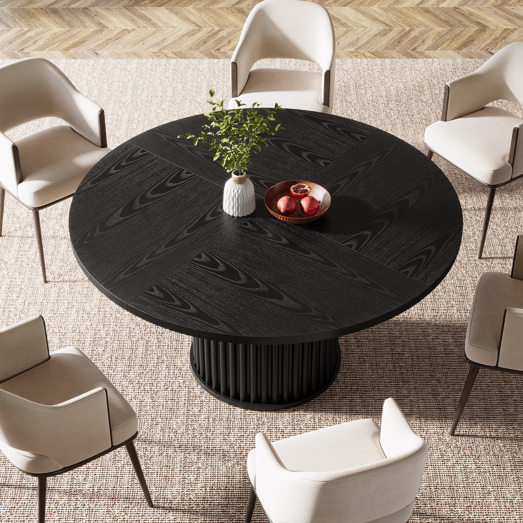 Tribesigns Black Round Dining Table for 4-6 People, 47.24-Inch Circle Wood Kitchen Table with Sturdy Fluted Metal Base, Modern Dining Room Furniture
