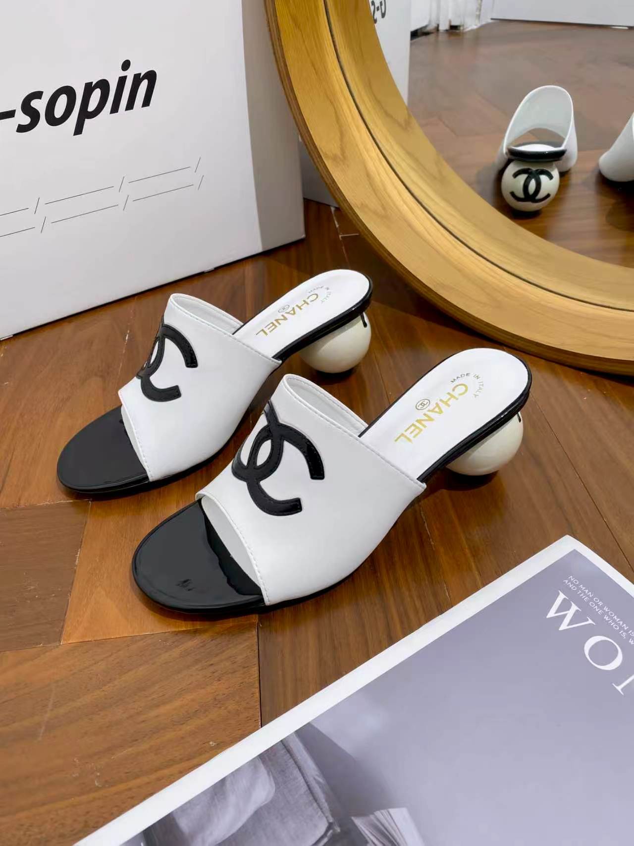 Chanel CC Logo Pearl-Heel Mule Sandals