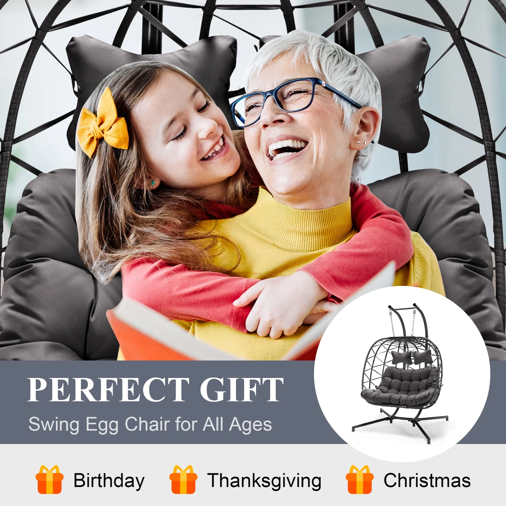 RADIATA Double Wicker Egg Swing Chair with Stand, 2-Person Hanging Egg Chair for Indoor/Outdoor, 700lbs Capacity, Thick Cushions & Headrest,Sturdy Metal FrameDark Gray